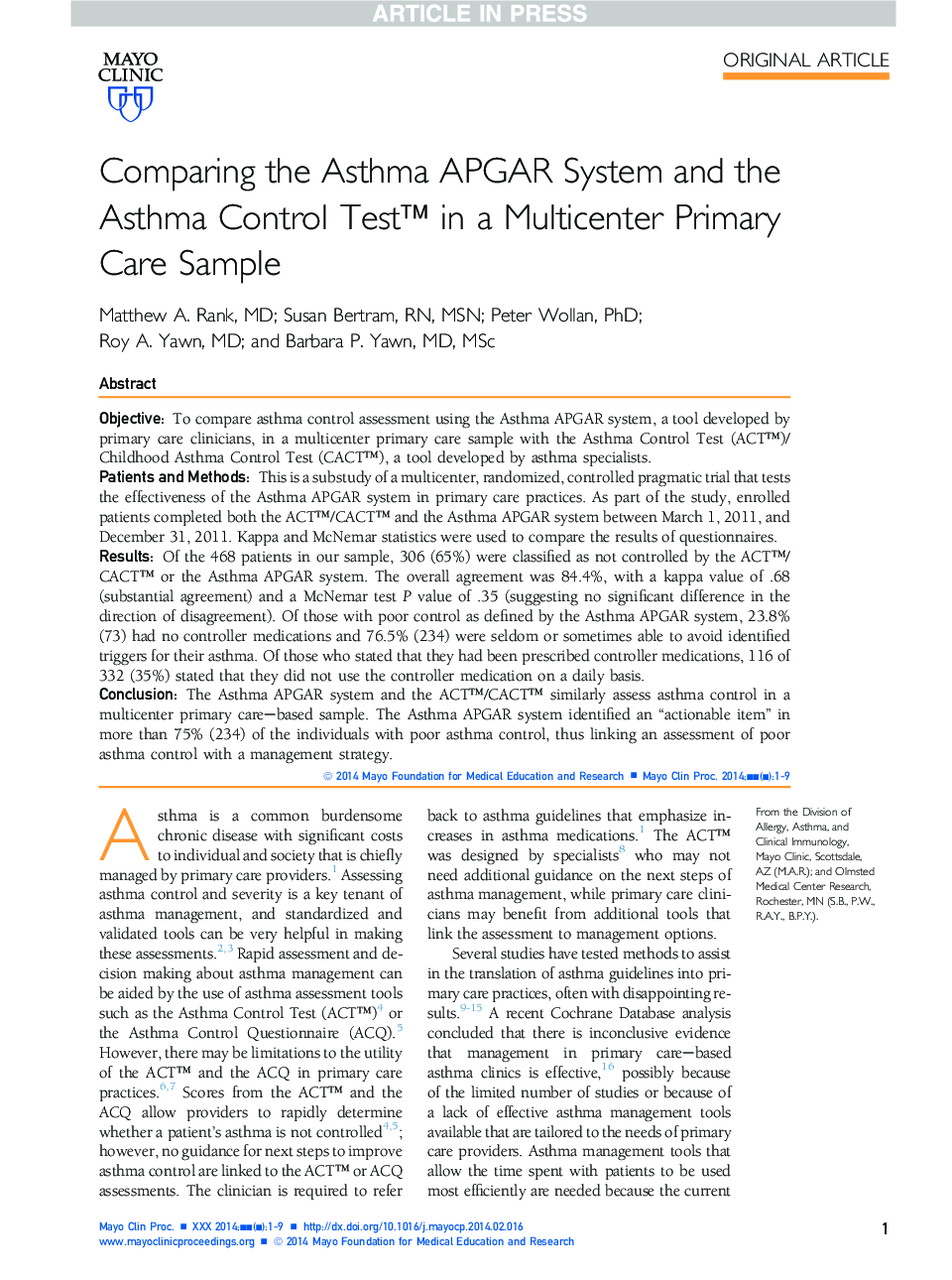 عکس صفحه اول مقاله: Comparing the Asthma APGAR System and the Asthma Control Test⢠in a Multicenter Primary Care Sample Comparing the Asthma APGAR System and the Asthma Control Test⢠in a Multicenter Primary Care Sample