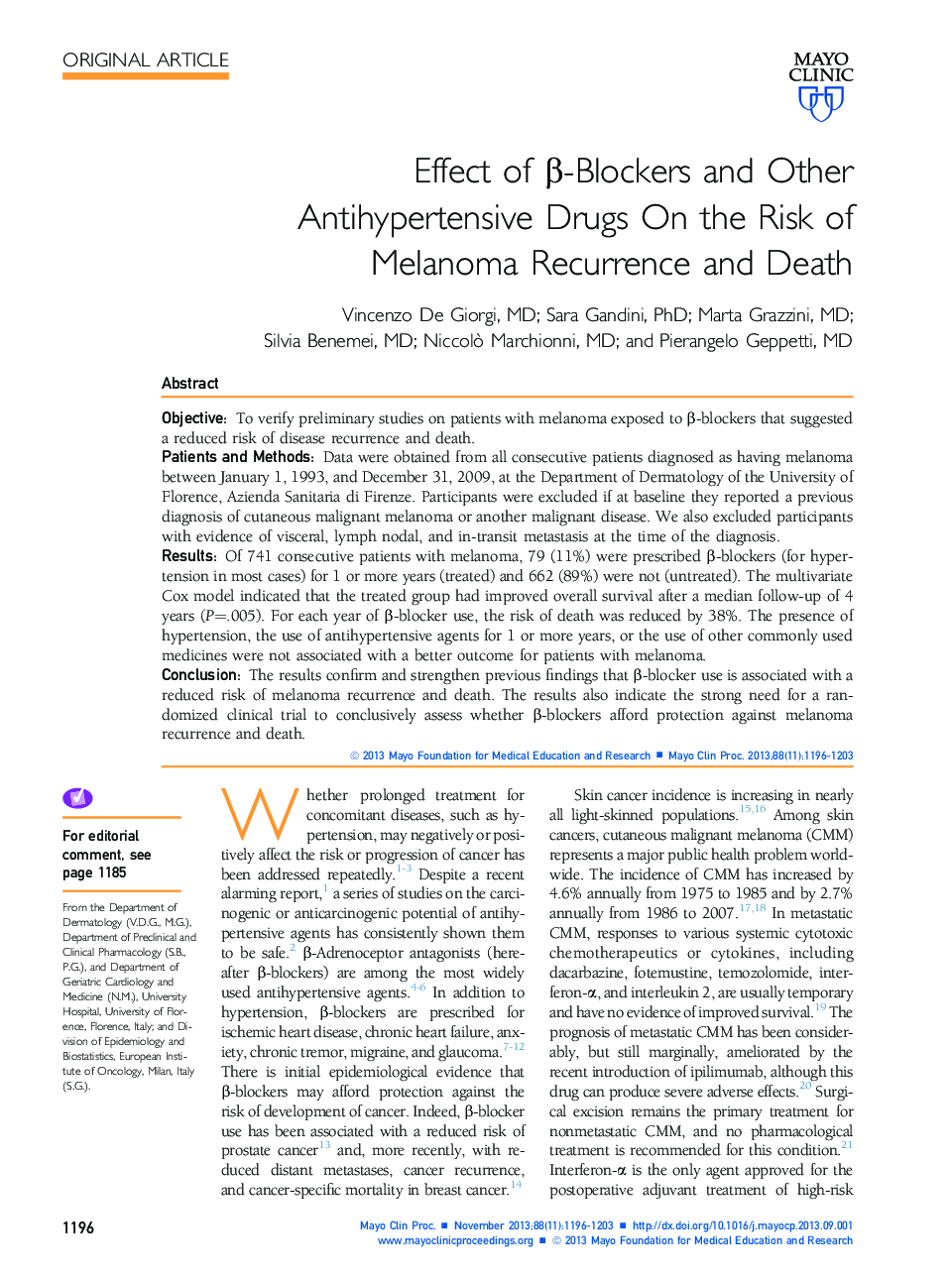 Effect of Î²-Blockers and Other Antihypertensive Drugs On the Risk of Melanoma Recurrence and Death