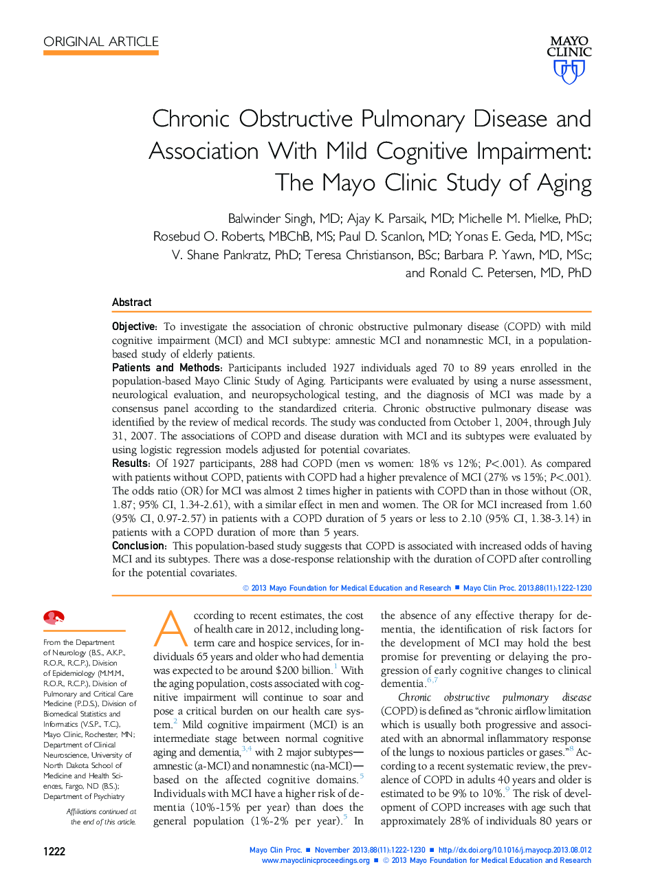 Chronic Obstructive Pulmonary Disease and Association With Mild Cognitive Impairment: The Mayo Clinic Study of Aging