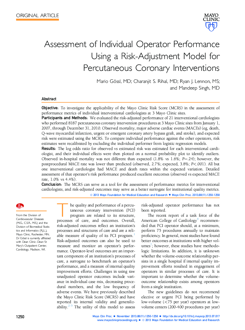 Assessment of Individual Operator Performance Using a Risk-Adjustment Model for Percutaneous Coronary Interventions