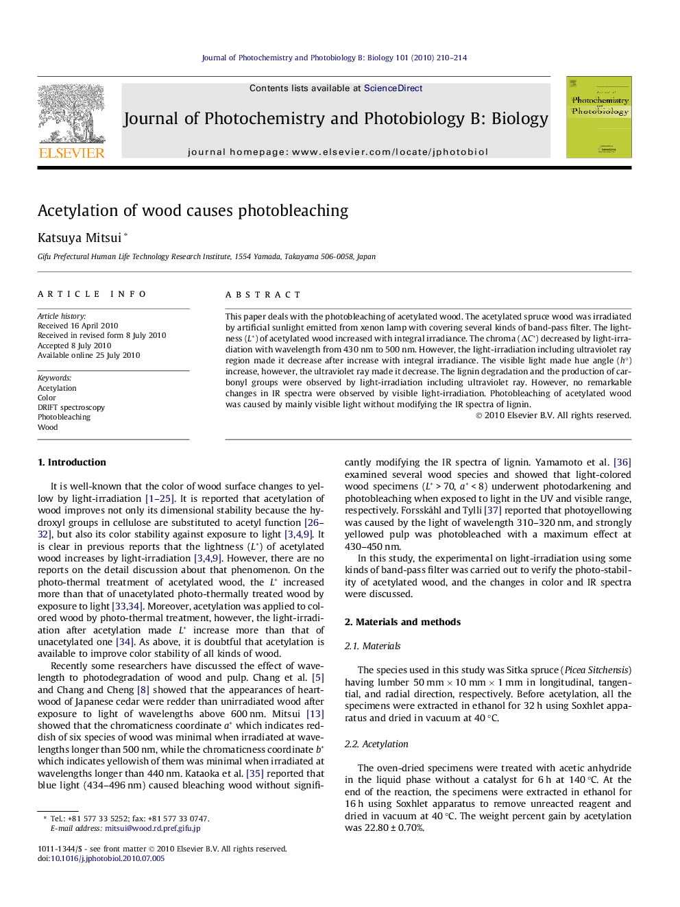 Acetylation of wood causes photobleaching