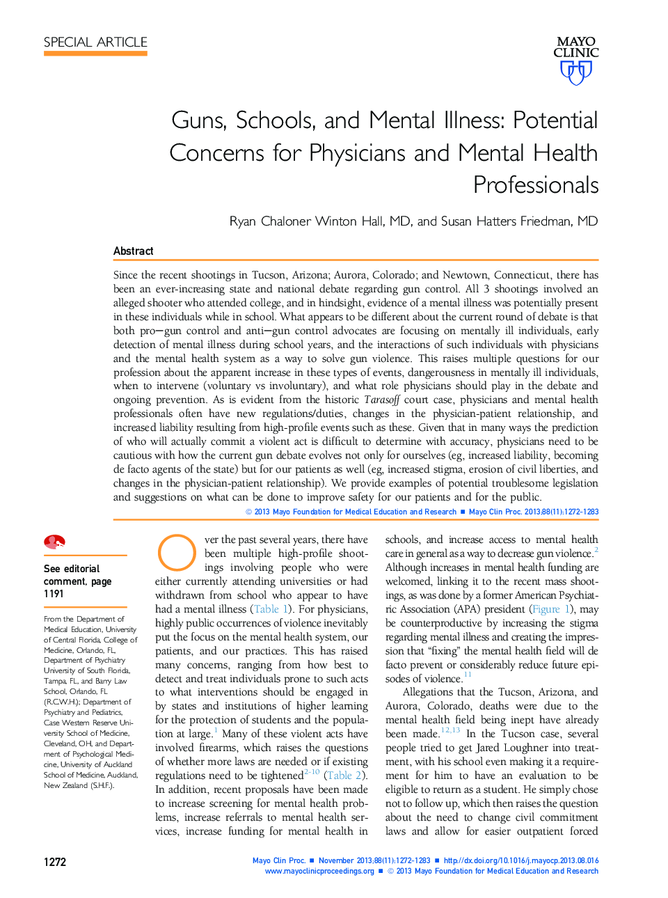 Guns, Schools, and Mental Illness: Potential Concerns for Physicians and Mental Health Professionals