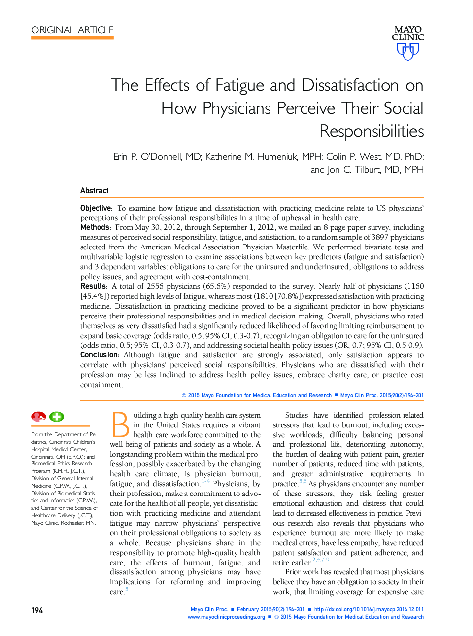 تأثیر خستگی و نارضایتی از این که پزشکان مسئولیت اجتماعی خود را درک می کنند 
