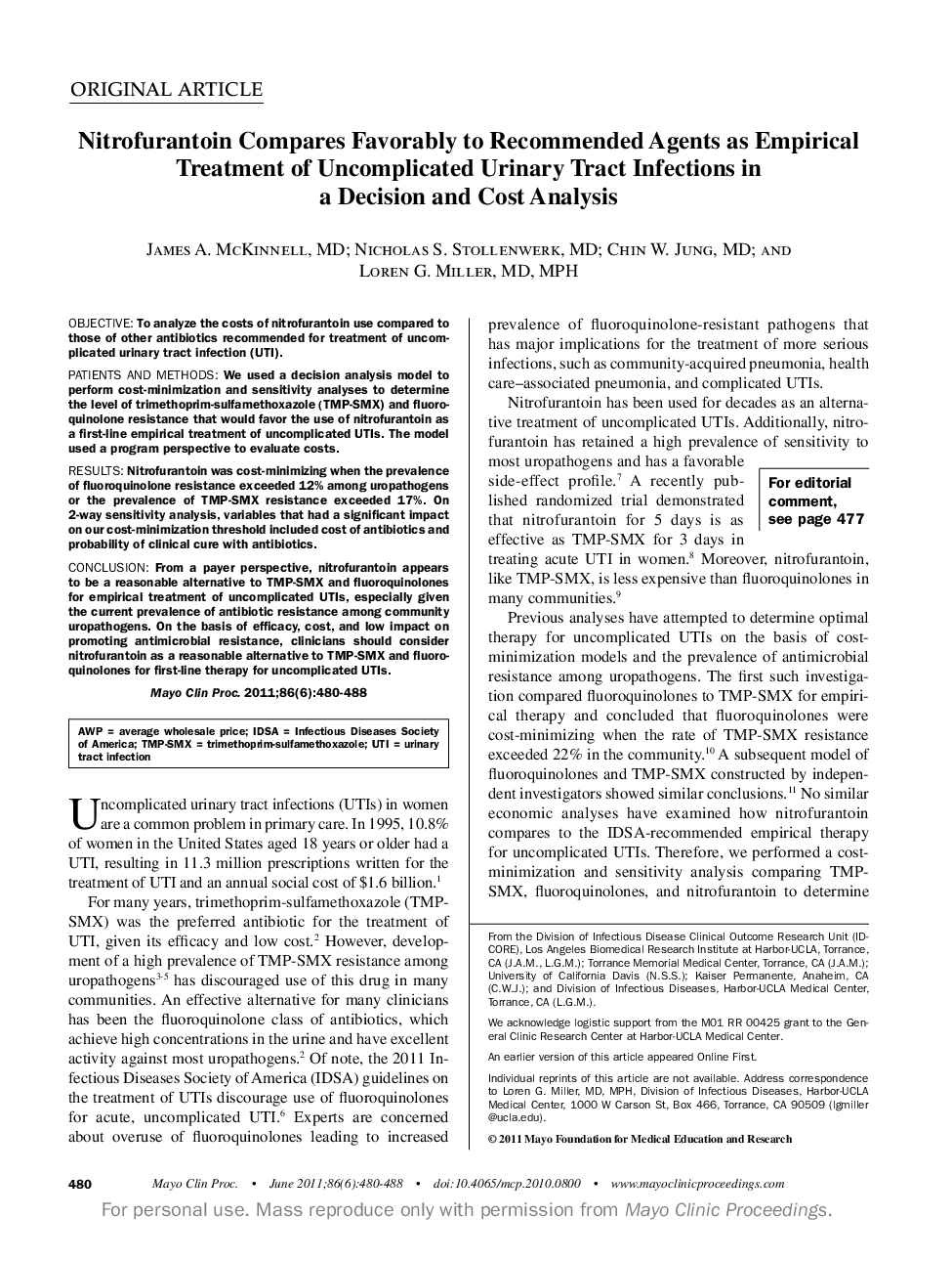 Nitrofurantoin Compares Favorably to Recommended Agents as Empirical Treatment of Uncomplicated Urinary Tract Infections in a Decision and Cost Analysis