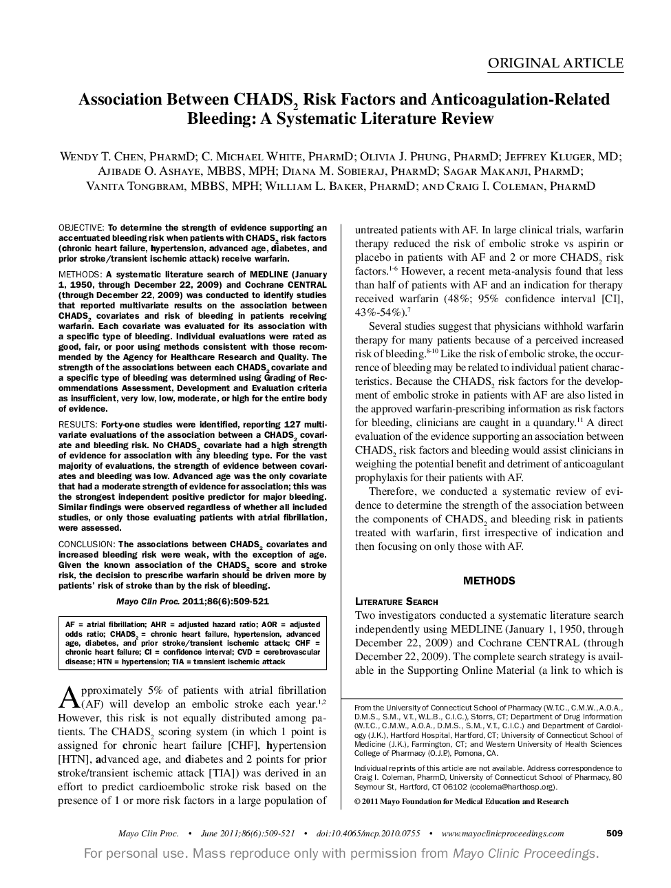 Association Between CHADS2 Risk Factors and Anticoagulation-Related Bleeding: A Systematic Literature Review