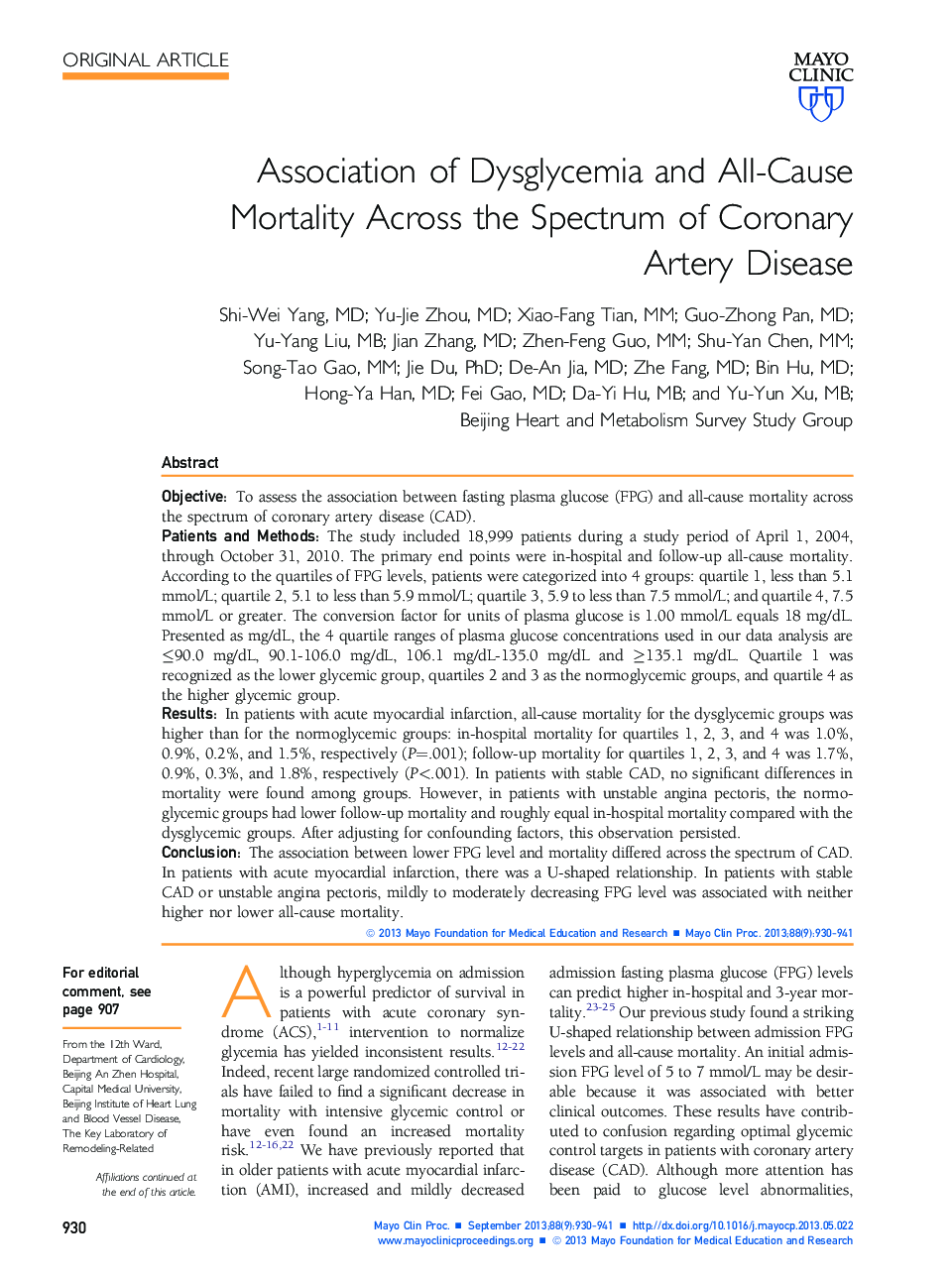 Association of Dysglycemia and All-Cause Mortality Across the Spectrum of Coronary Artery Disease