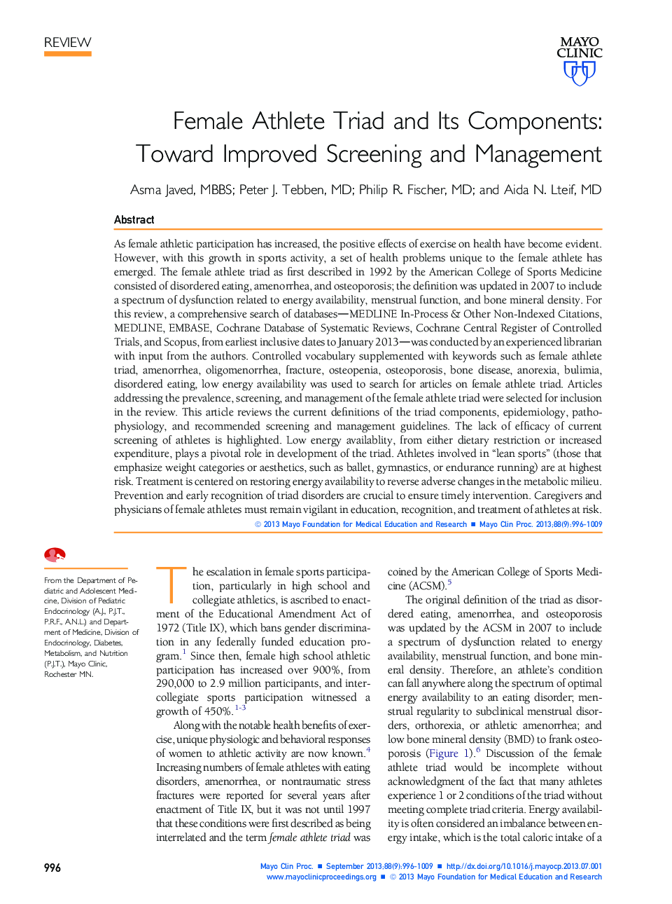 Female Athlete Triad and Its Components: Toward Improved Screening and Management