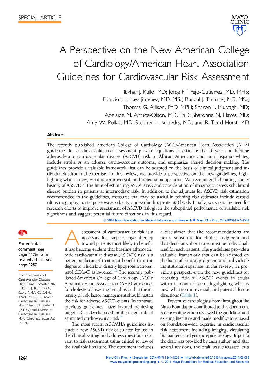 یک چشم انداز در کالج آمریکایی قلب و عروق / انجمن قلب آمریکا دستورالعمل برای ارزیابی خطر قلب و عروق 