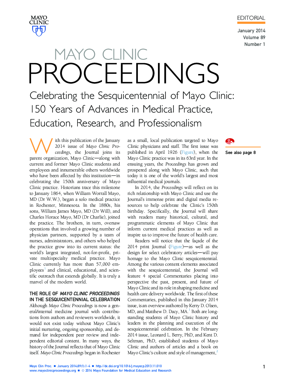 عکس صفحه اول مقاله: Celebrating the Sesquicentennial of Mayo Clinic: 150 Years of Advances in Medical Practice, Education, Research, and Professionalism Celebrating the Sesquicentennial of Mayo Clinic: 150 Years of Advances in Medical Practice, Education, Research, and Professionalism