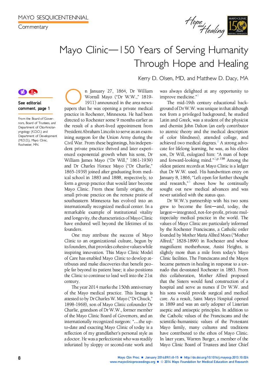 عکس صفحه اول مقاله: Mayo Clinic-150 Years of Serving Humanity Through Hope and Healing Mayo Clinic-150 Years of Serving Humanity Through Hope and Healing