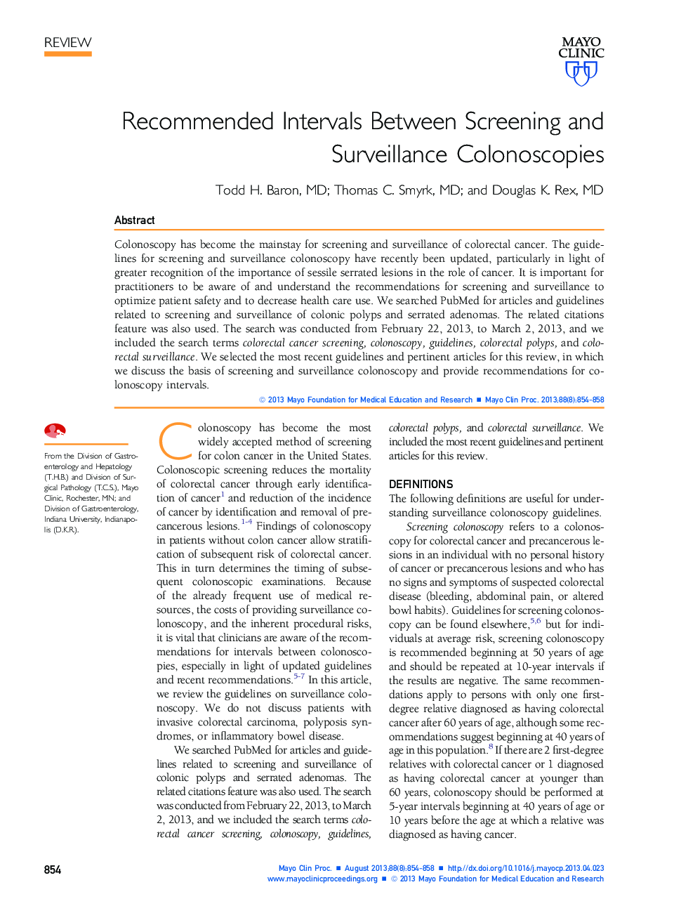 Recommended Intervals Between Screening and Surveillance Colonoscopies