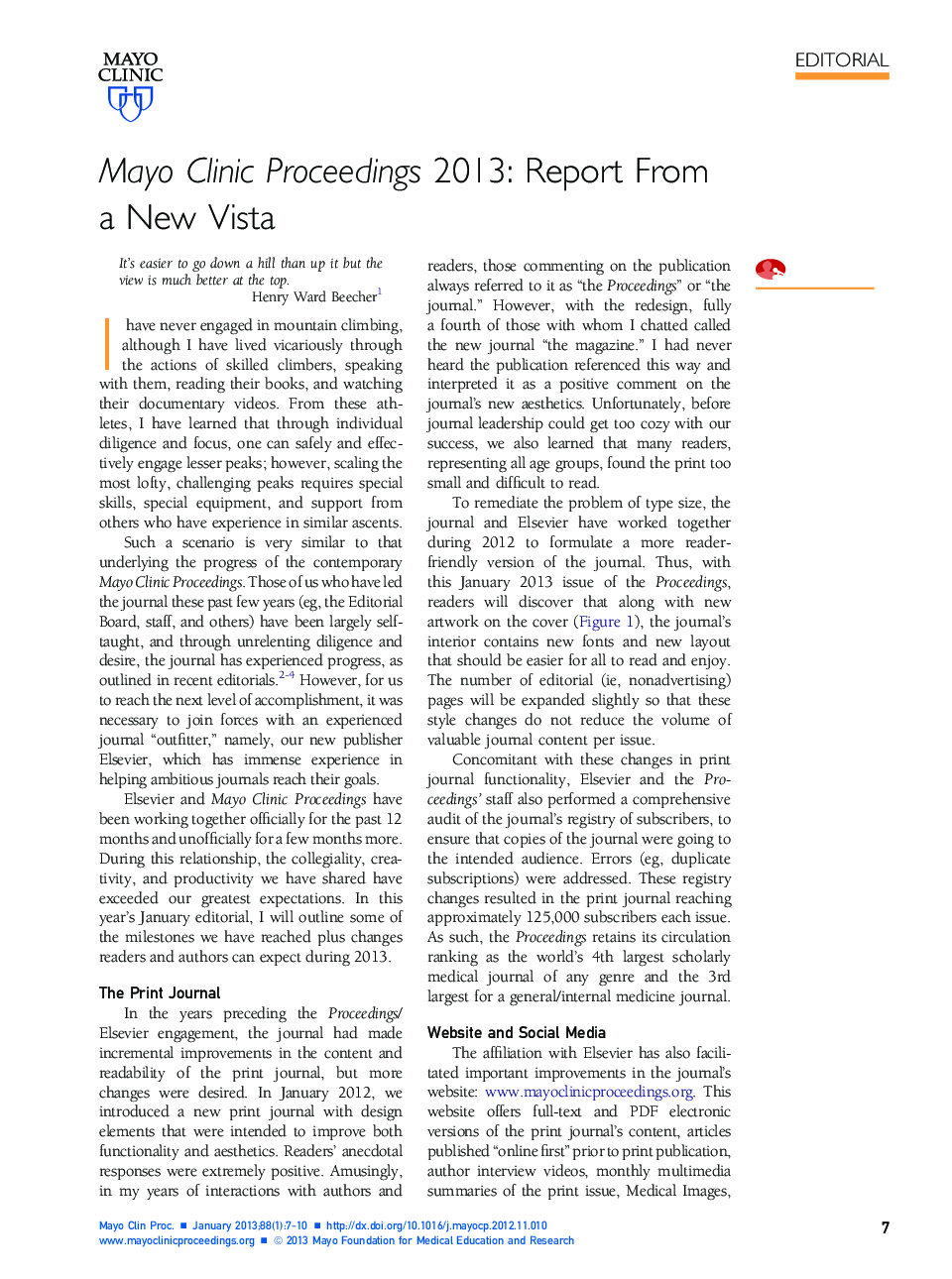 Mayo Clinic Proceedings 2013: Report From a New Vista