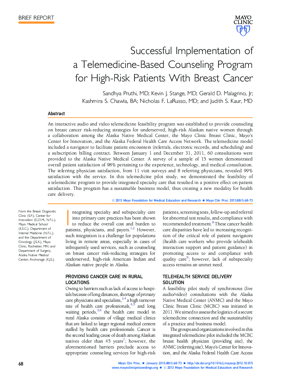 Successful Implementation of a Telemedicine-Based Counseling Program for High-Risk Patients With Breast Cancer