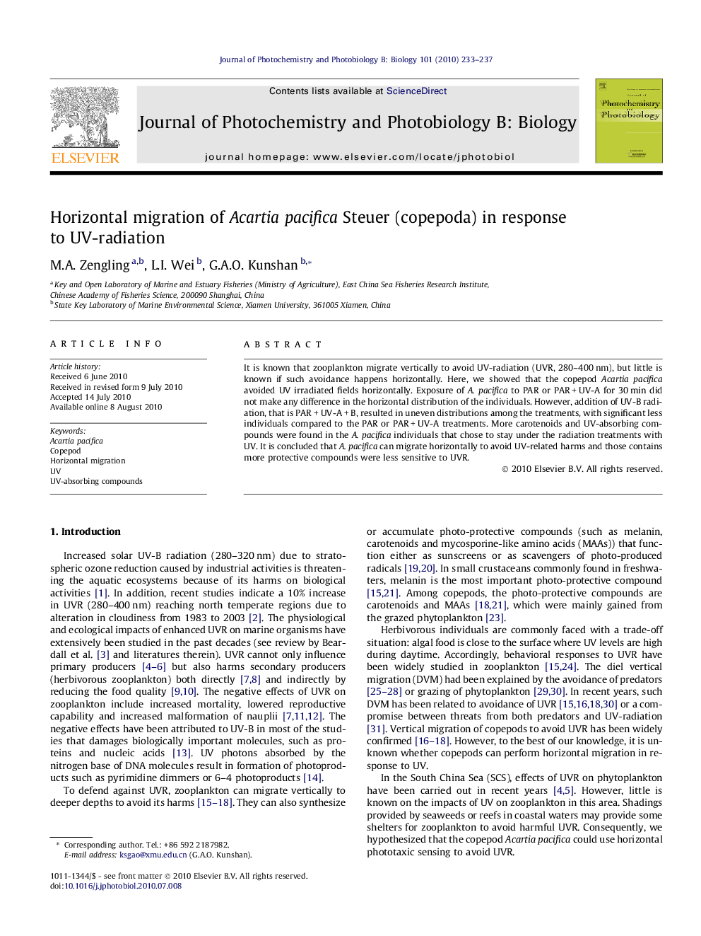 Horizontal migration of Acartia pacifica Steuer (copepoda) in response to UV-radiation