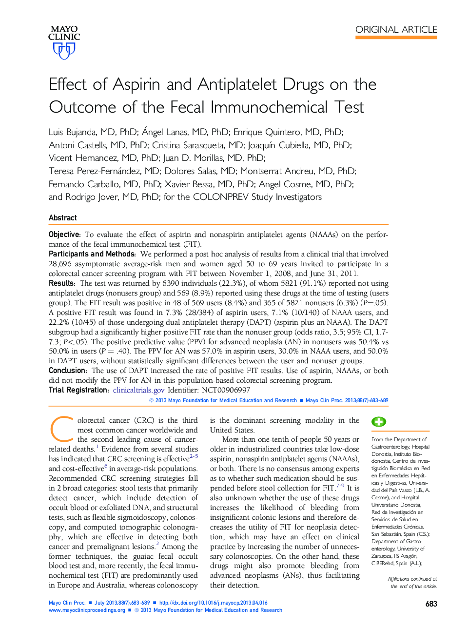 Effect of Aspirin and Antiplatelet Drugs on the Outcome of the Fecal Immunochemical Test