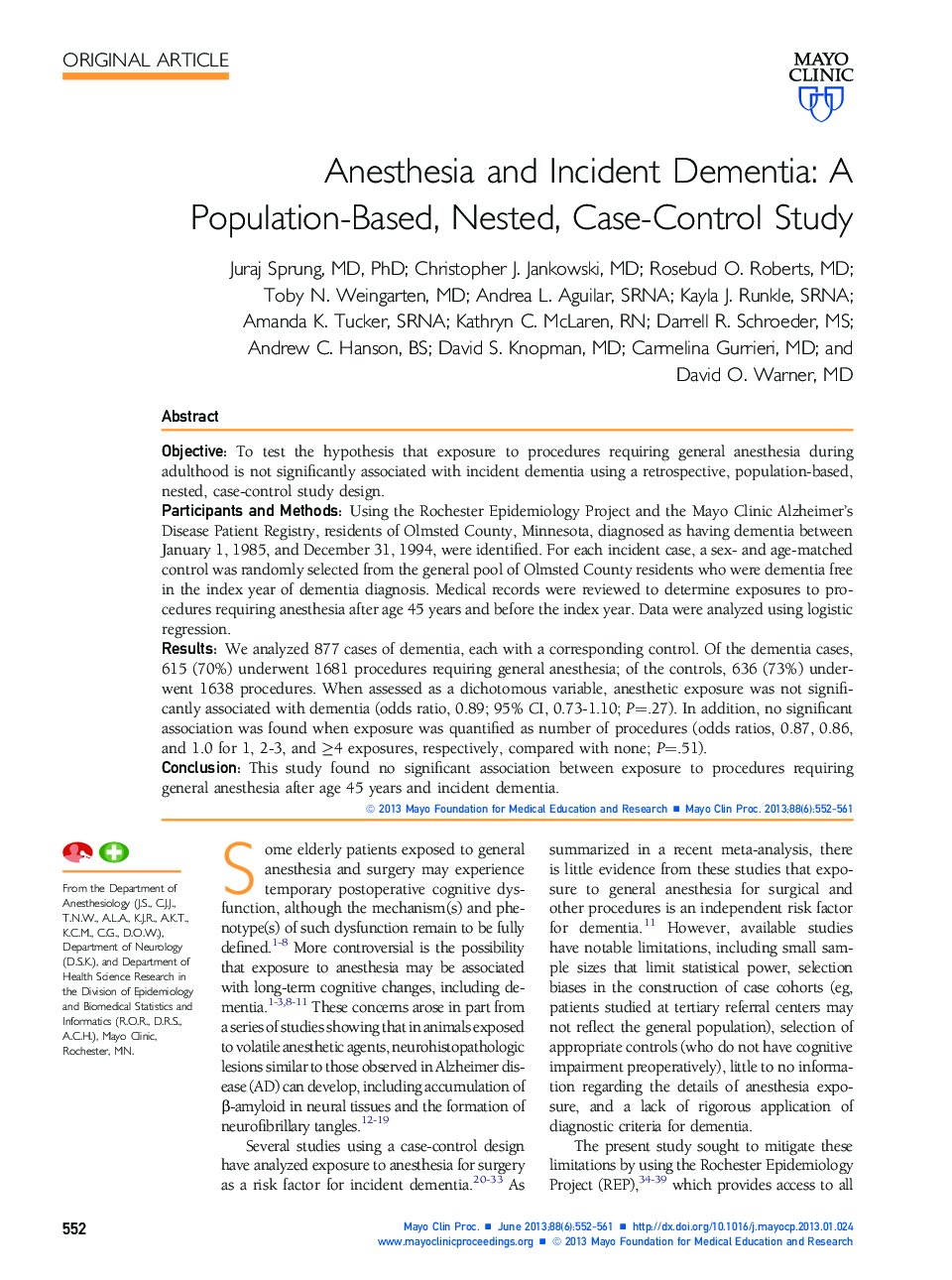 Anesthesia and Incident Dementia: A Population-Based, Nested, Case-Control Study