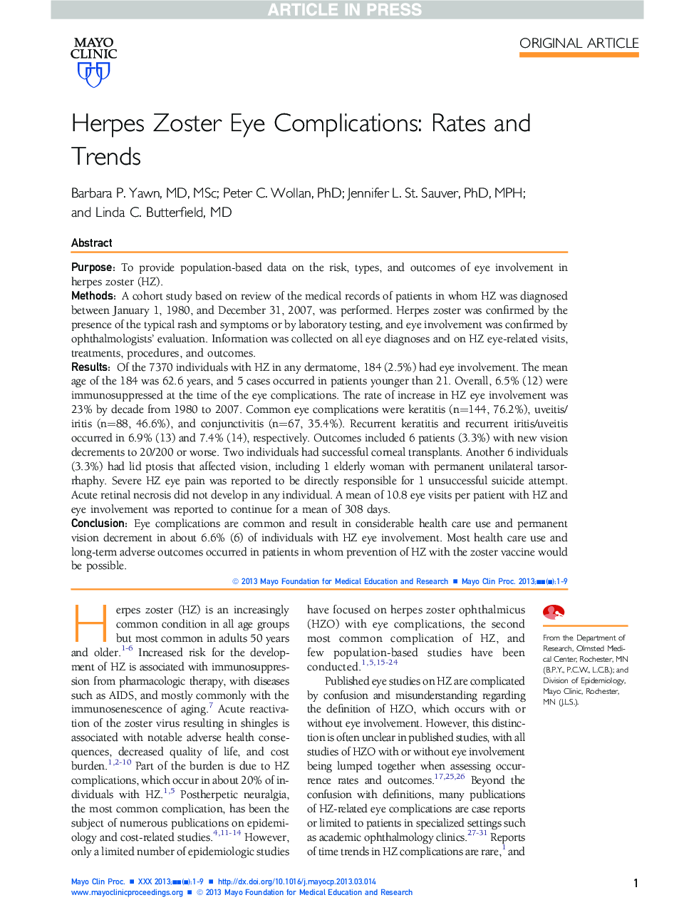 Herpes Zoster Eye Complications: Rates and Trends