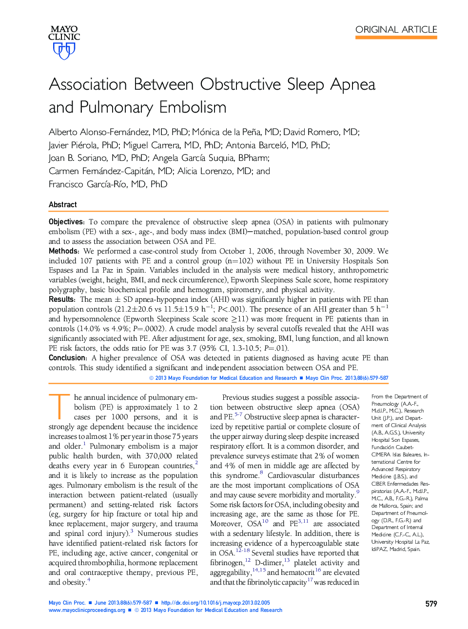 Association Between Obstructive Sleep Apnea and Pulmonary Embolism