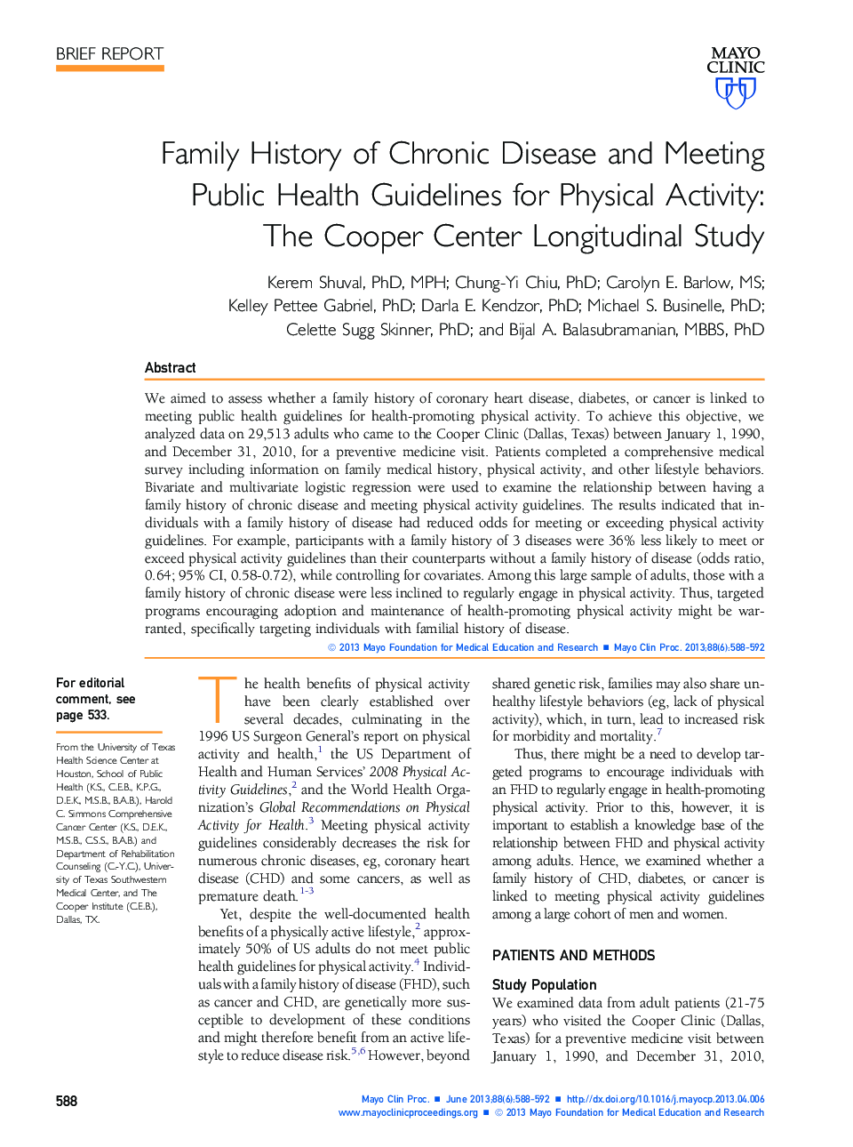 Family History of Chronic Disease and Meeting Public Health Guidelines for Physical Activity: The Cooper Center Longitudinal Study