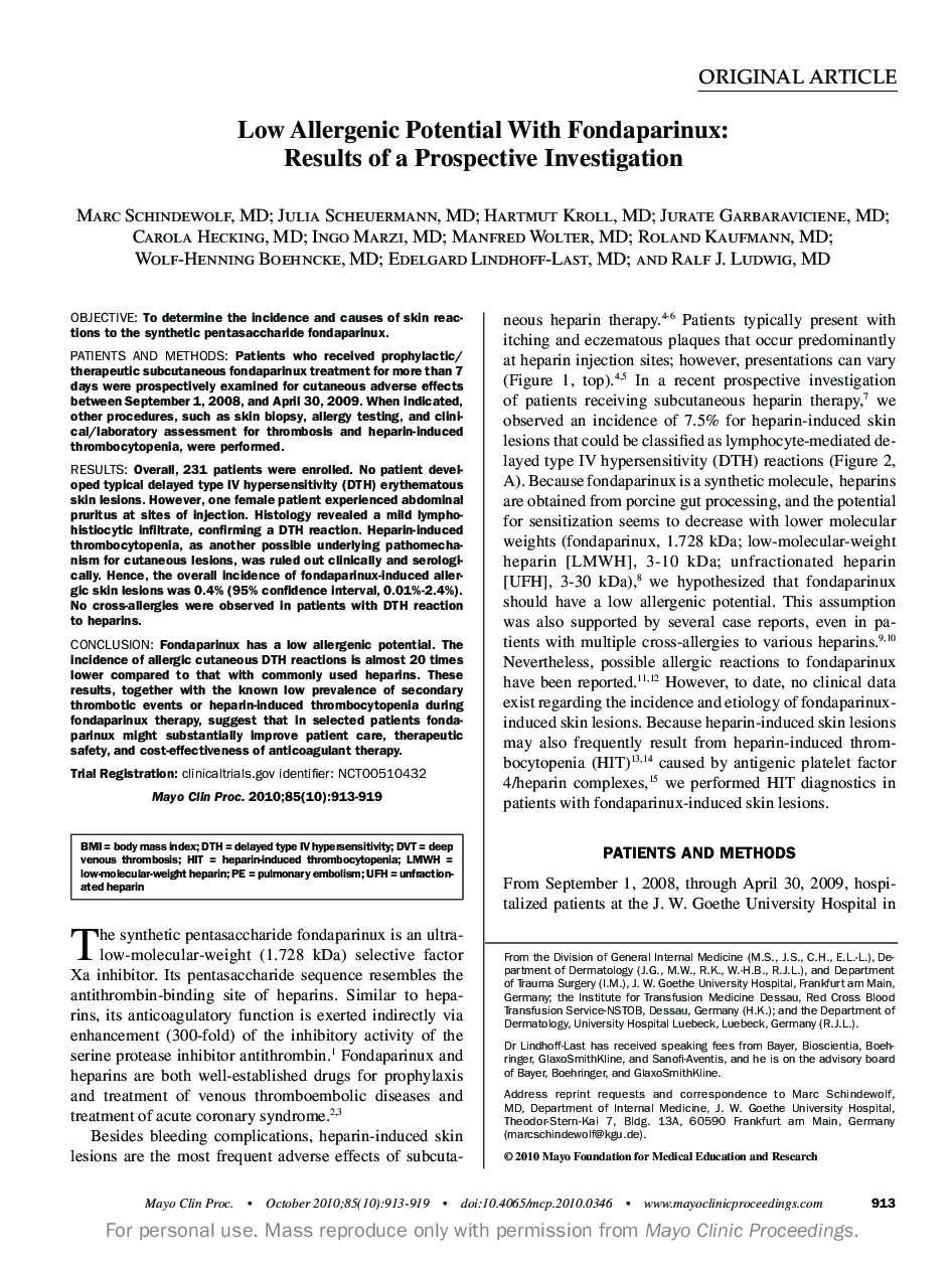 Low Allergenic Potential With Fondaparinux: Results of a Prospective Investigation