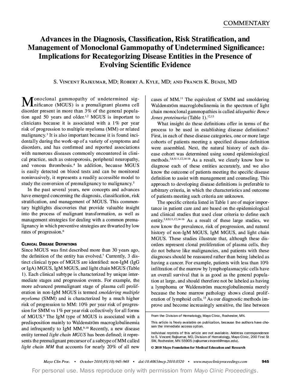 عکس صفحه اول مقاله: Advances in the Diagnosis, Classification, Risk Stratification, and Management of Monoclonal Gammopathy of Undetermined Significance: Implications for Recategorizing Disease Entities in the Presence of Evolving Scientific Evidence Advances in the Diagnosis, Classification, Risk Stratification, and Management of Monoclonal Gammopathy of Undetermined Significance: Implications for Recategorizing Disease Entities in the Presence of Evolving Scientific Evidence