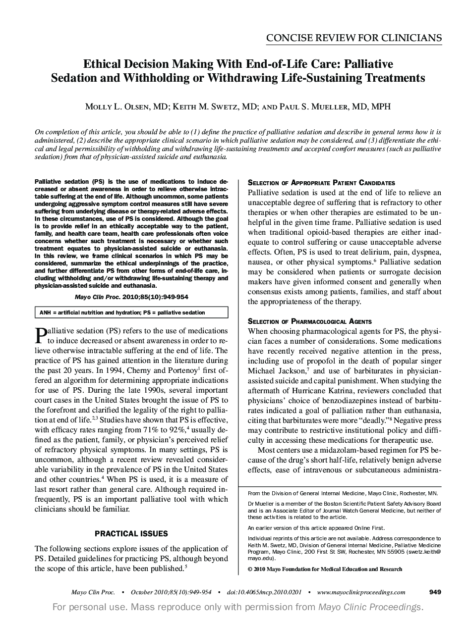 Ethical Decision Making With End-of-Life Care: Palliative Sedation and Withholding or Withdrawing Life-Sustaining Treatments