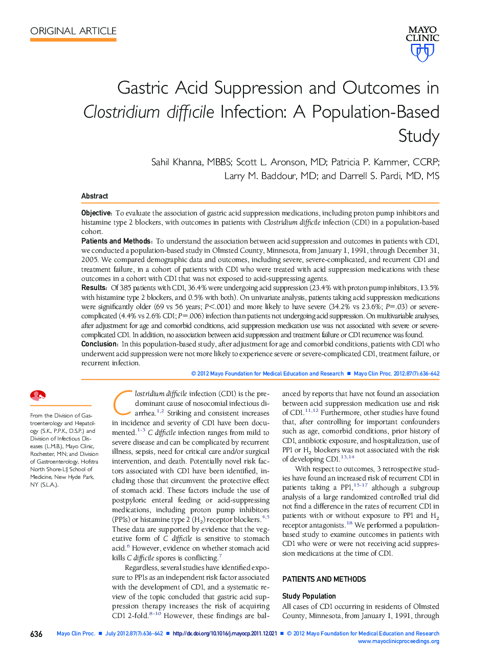 Gastric Acid Suppression and Outcomes in Clostridium difficile Infection: A Population-Based Study