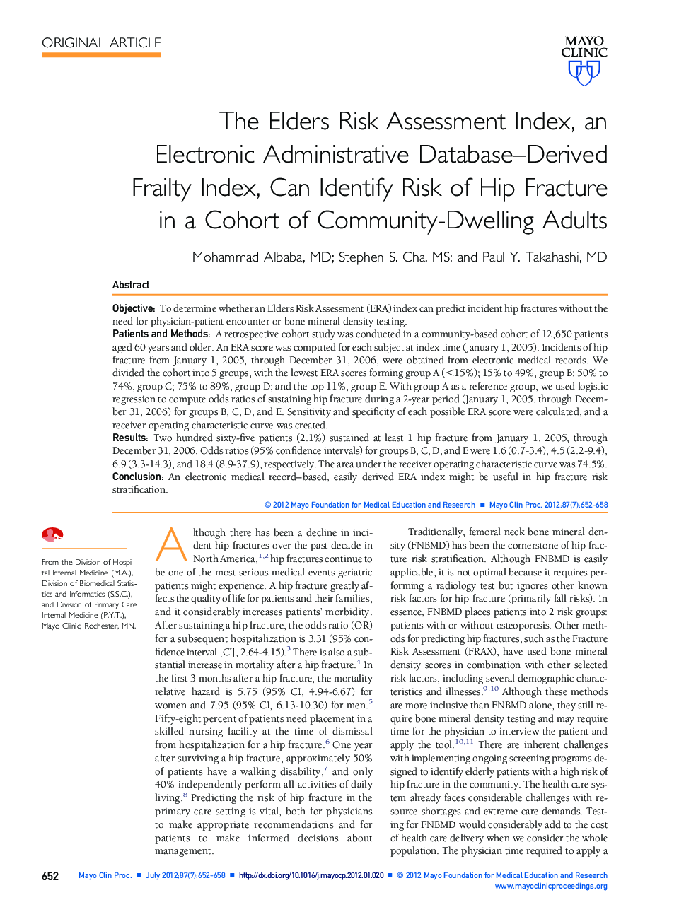 The Elders Risk Assessment Index, an Electronic Administrative Database-Derived Frailty Index, Can Identify Risk of Hip Fracture in a Cohort of Community-Dwelling Adults