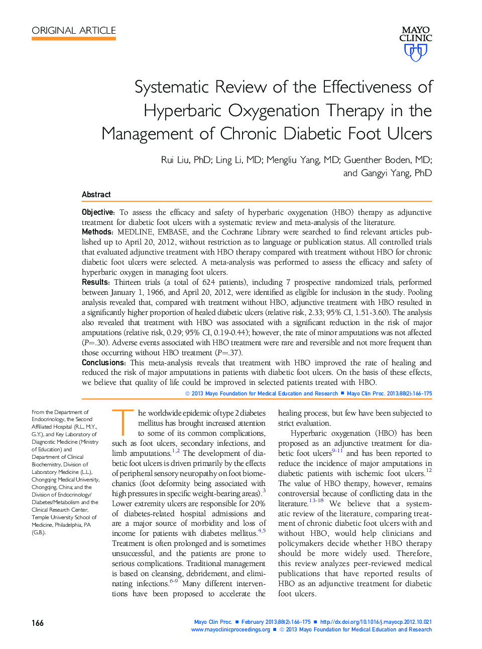 Systematic Review of the Effectiveness of Hyperbaric Oxygenation Therapy in the Management of Chronic Diabetic Foot Ulcers
