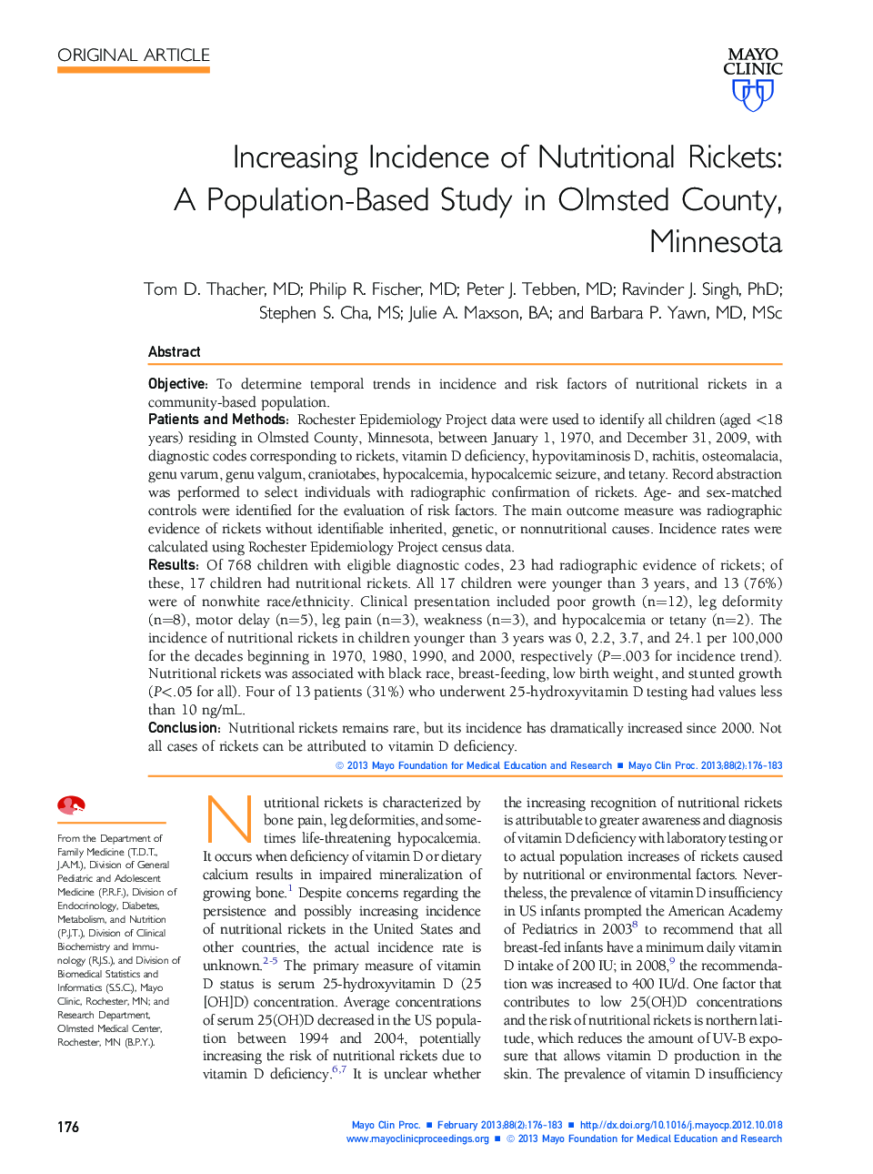 Increasing Incidence of Nutritional Rickets: A Population-Based Study in Olmsted County, Minnesota