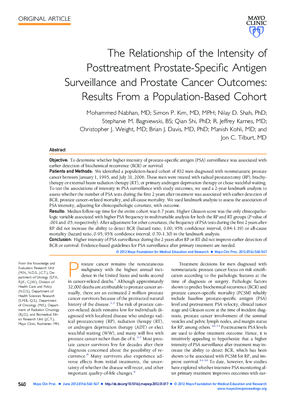 The Relationship of the Intensity of Posttreatment Prostate-Specific Antigen Surveillance and Prostate Cancer Outcomes: Results From a Population-Based Cohort
