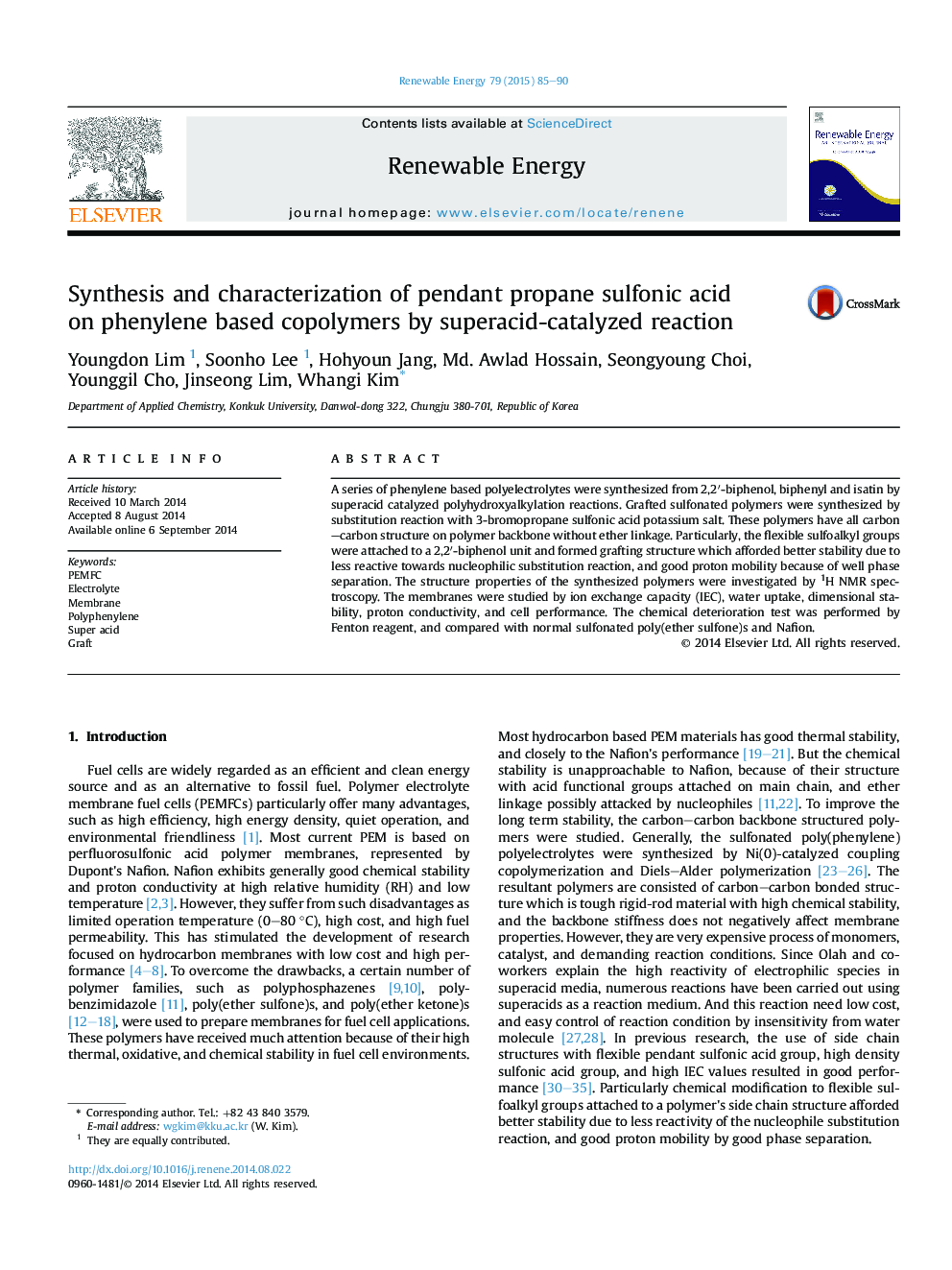 Synthesis and characterization of pendant propane sulfonic acid on phenylene based copolymers by superacid-catalyzed reaction