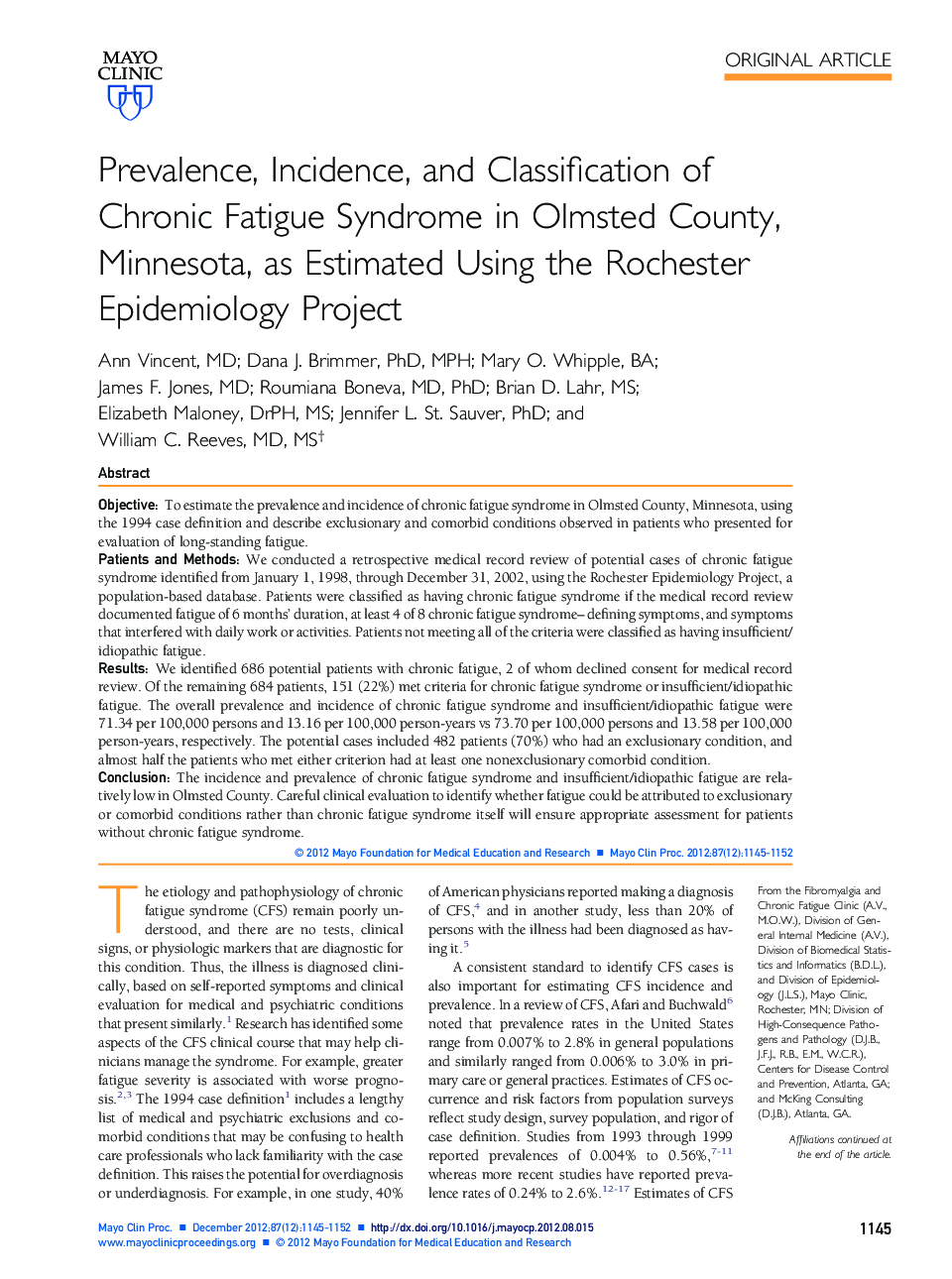 Prevalence, Incidence, and Classification of Chronic Fatigue Syndrome in Olmsted County, Minnesota, as Estimated Using the Rochester Epidemiology Project
