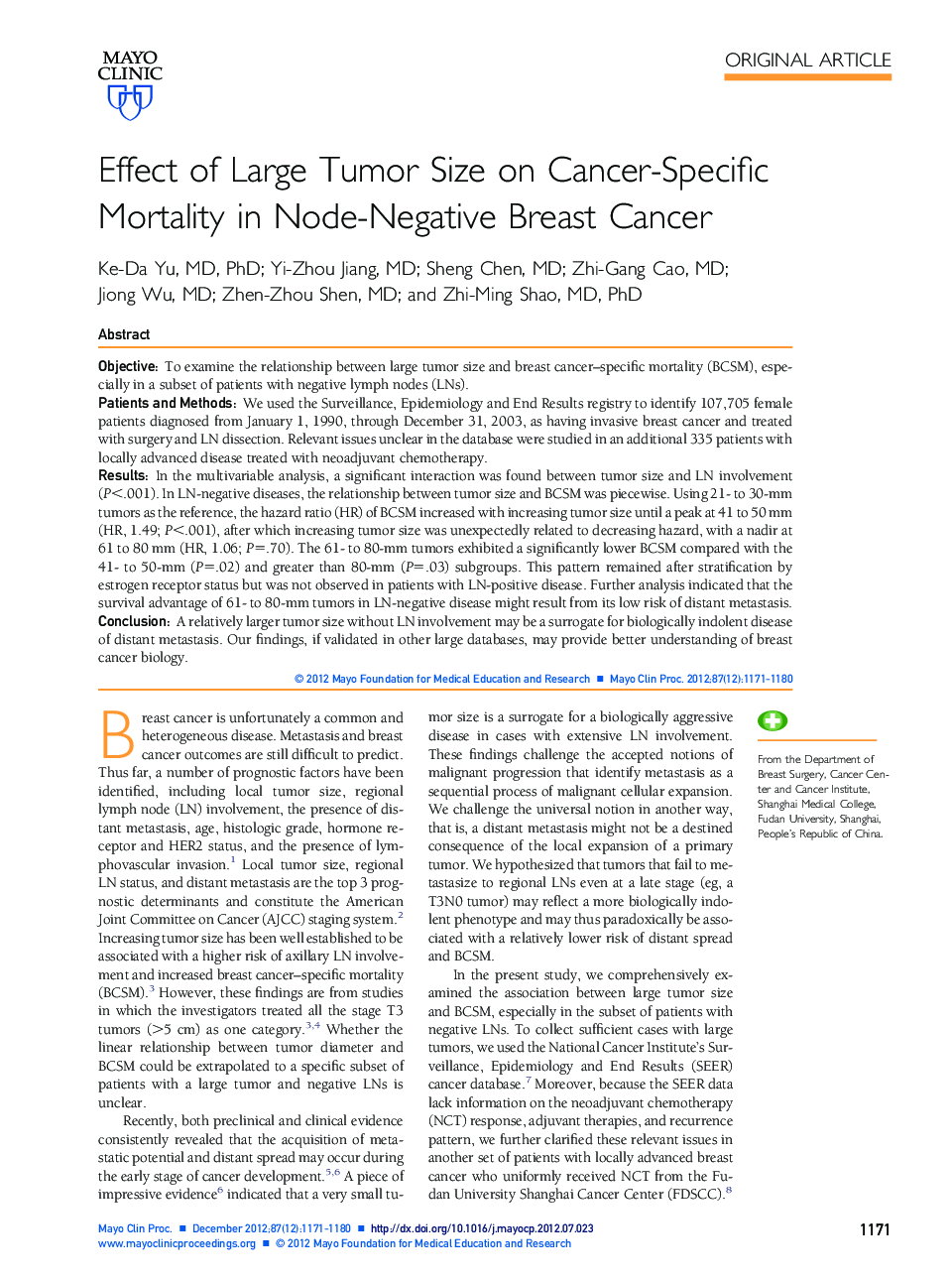 Effect of Large Tumor Size on Cancer-Specific Mortality in Node-Negative Breast Cancer