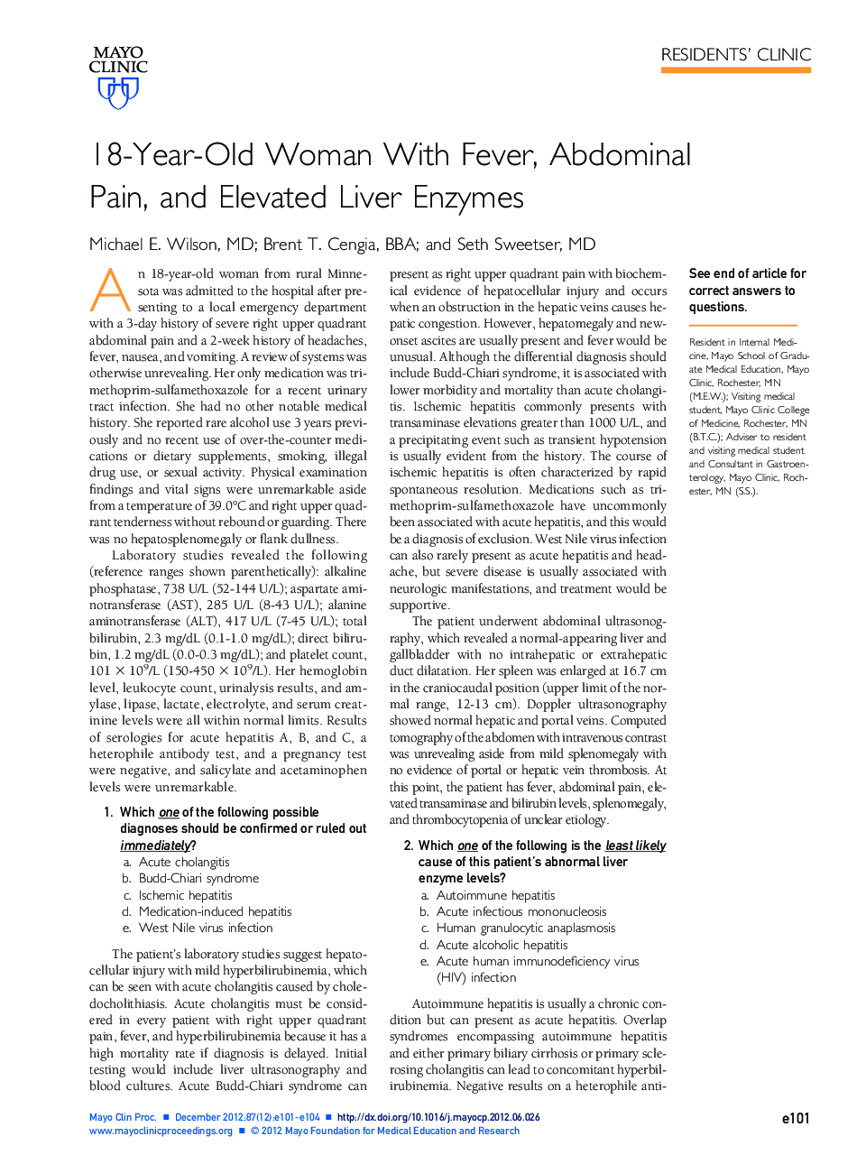 عکس صفحه اول مقاله: 18-Year-Old Woman With Fever, Abdominal Pain, and Elevated Liver Enzymes 18-Year-Old Woman With Fever, Abdominal Pain, and Elevated Liver Enzymes