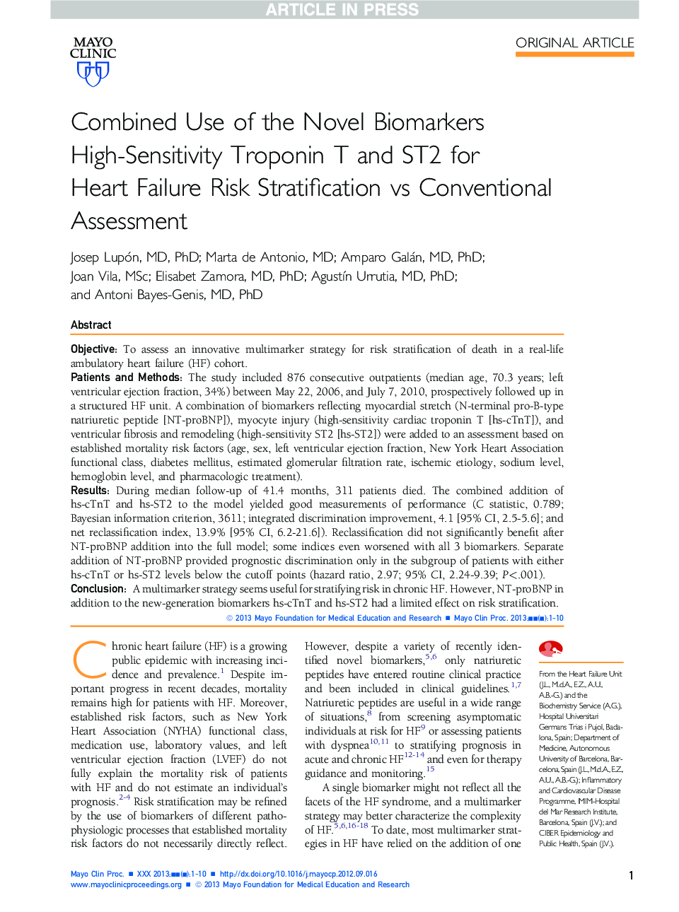 Combined Use of the Novel Biomarkers High-Sensitivity Troponin T and ST2 for HeartÂ Failure Risk Stratification vs Conventional Assessment