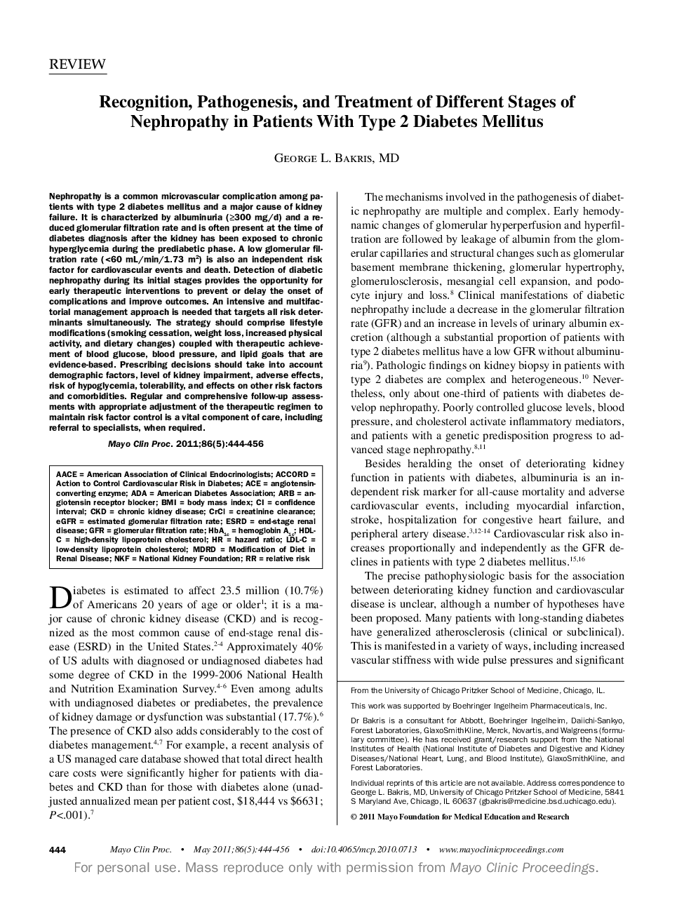 Recognition, Pathogenesis, and Treatment of Different Stages of Nephropathy in Patients With Type 2 Diabetes Mellitus