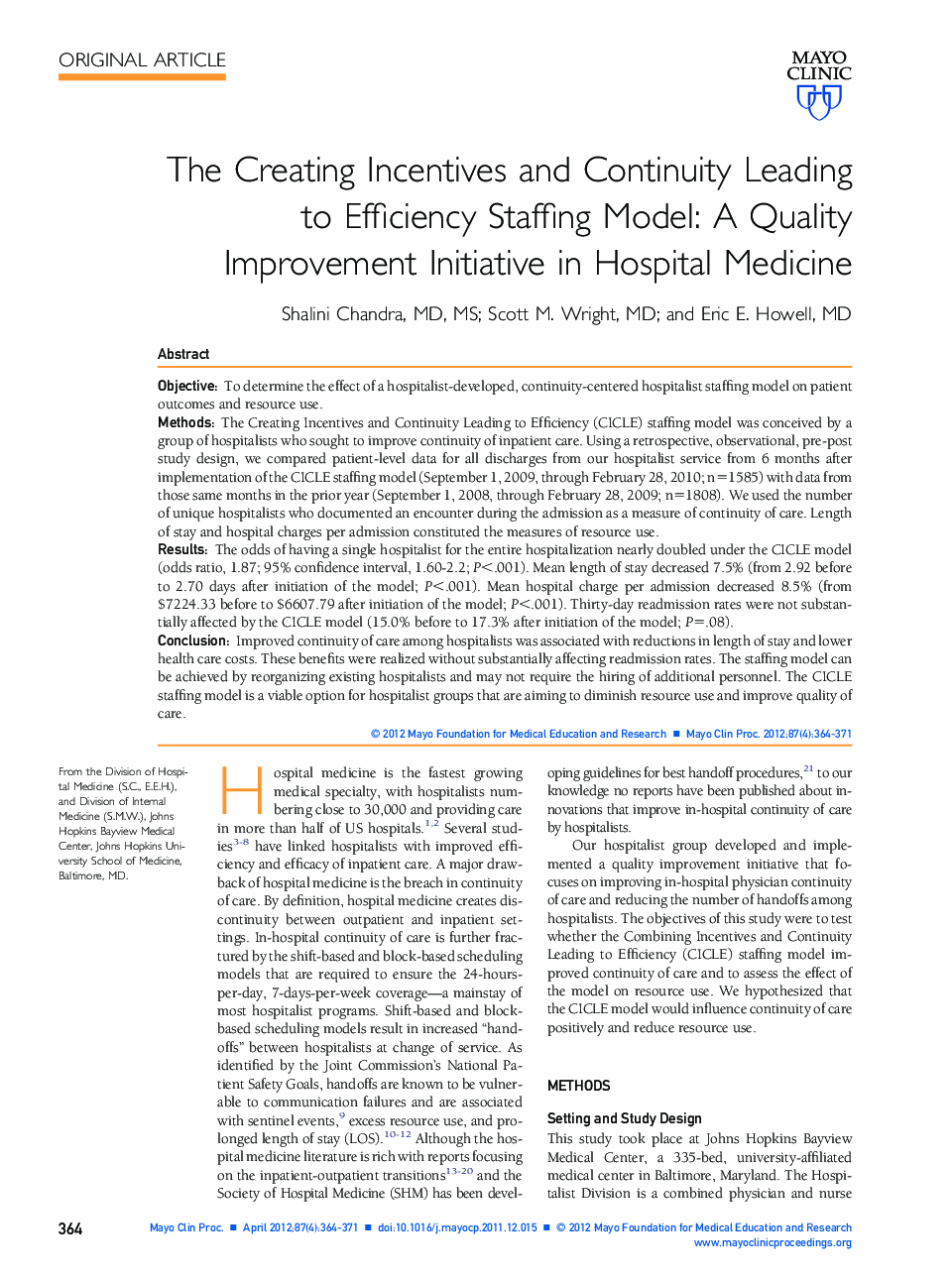 The Creating Incentives and Continuity Leading to Efficiency Staffing Model: A Quality Improvement Initiative in Hospital Medicine