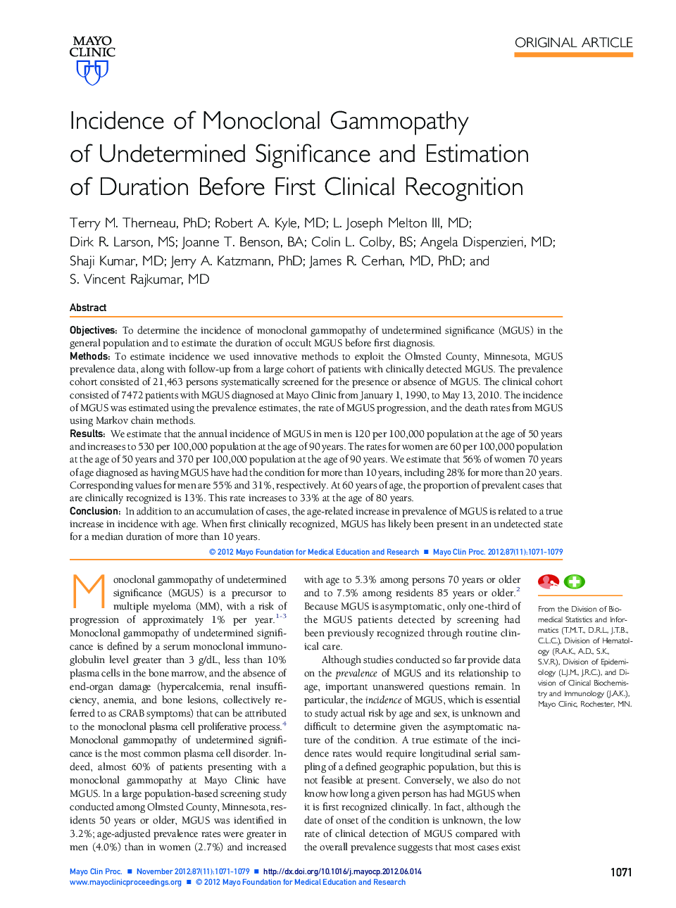 Incidence of Monoclonal Gammopathy of Undetermined Significance and Estimation of Duration Before First Clinical Recognition