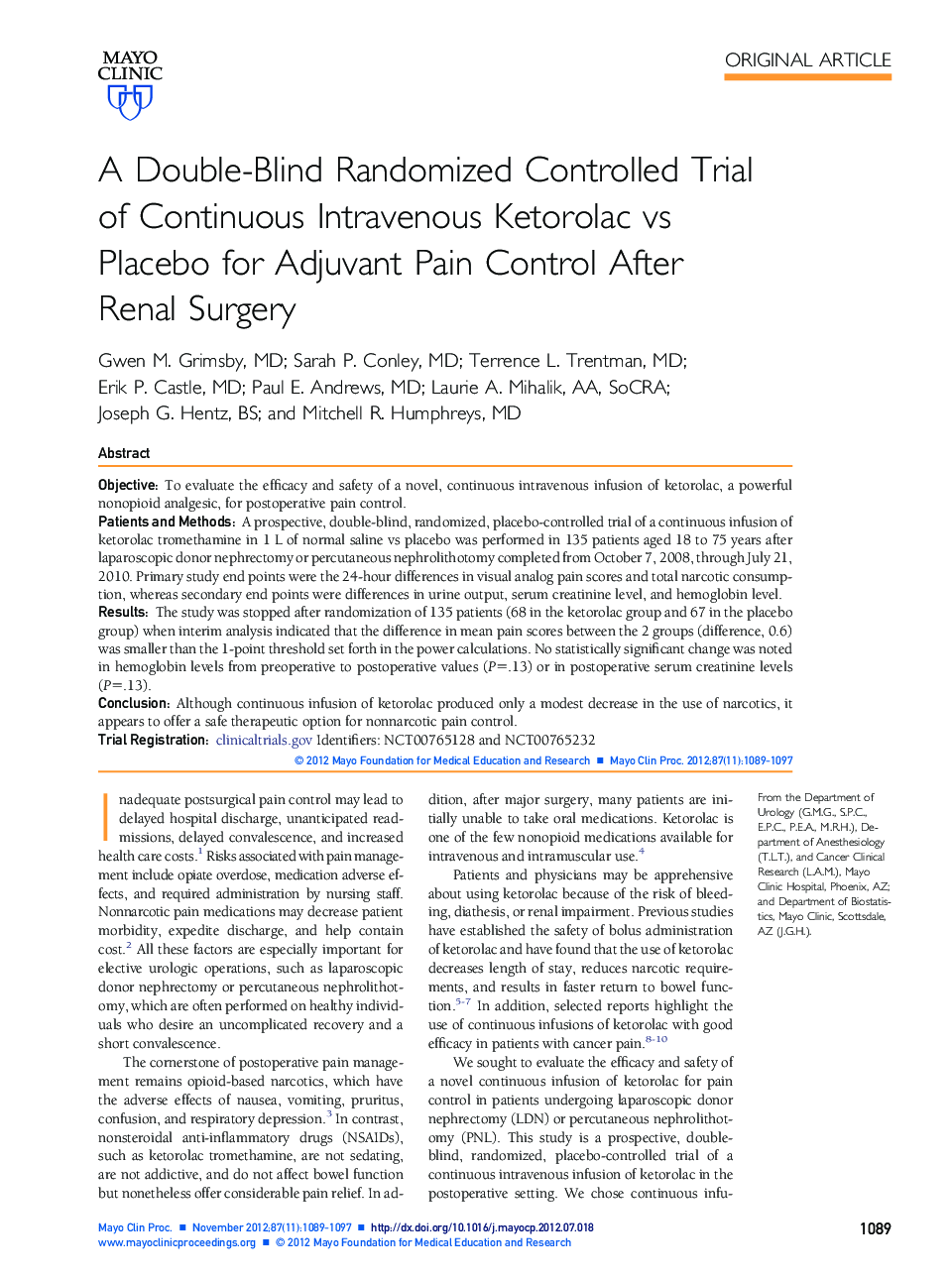 A Double-Blind Randomized Controlled Trial of Continuous Intravenous Ketorolac vs Placebo for Adjuvant Pain Control After Renal Surgery