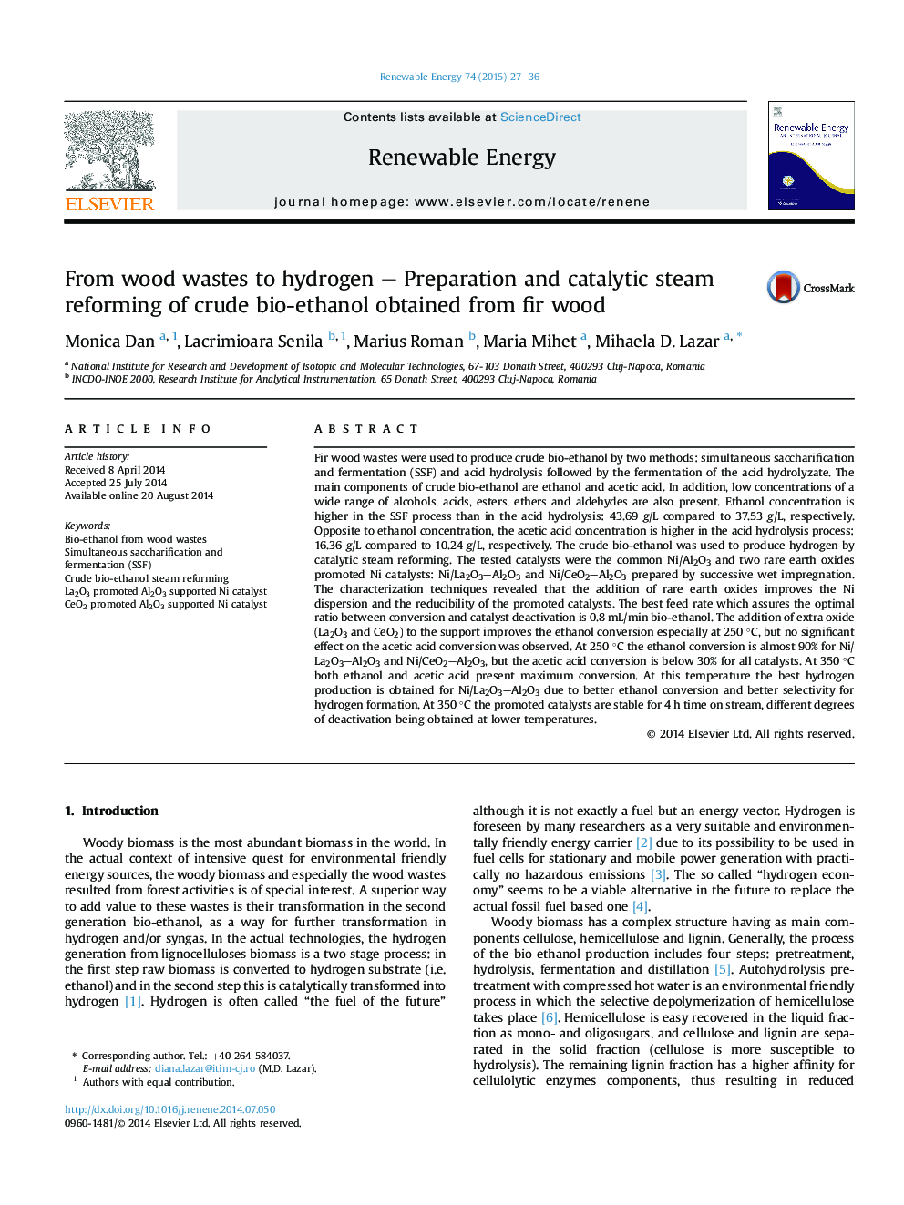 From wood wastes to hydrogen – Preparation and catalytic steam reforming of crude bio-ethanol obtained from fir wood