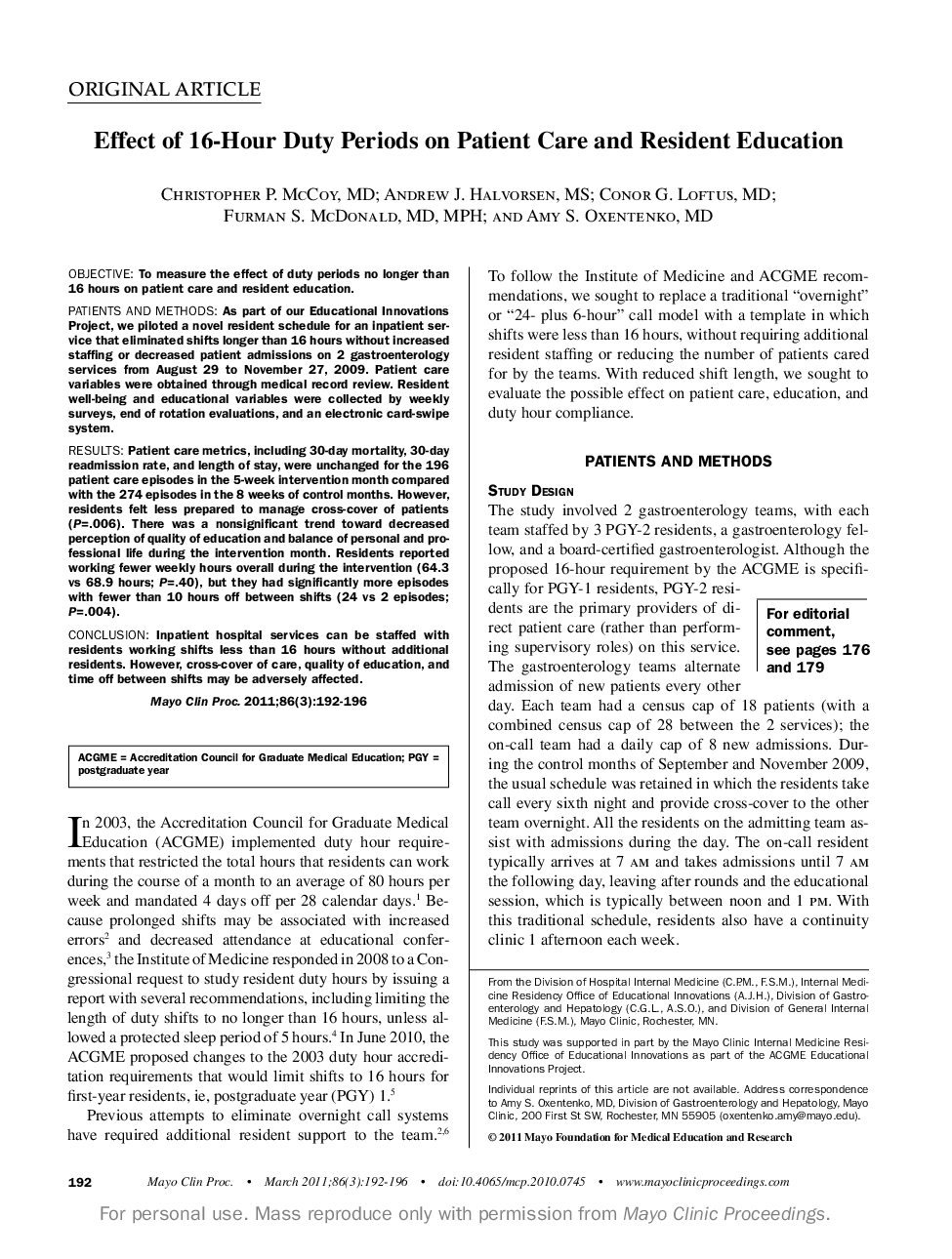 Effect of 16-Hour Duty Periods on Patient Care and Resident Education