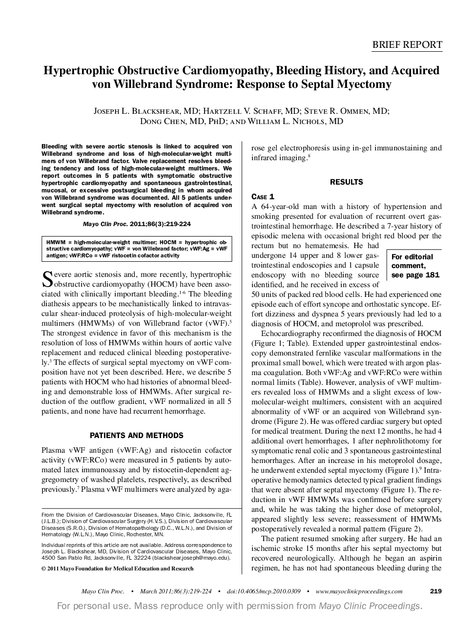 Hypertrophic Obstructive Cardiomyopathy, Bleeding History, and Acquired von Willebrand Syndrome: Response to Septal Myectomy