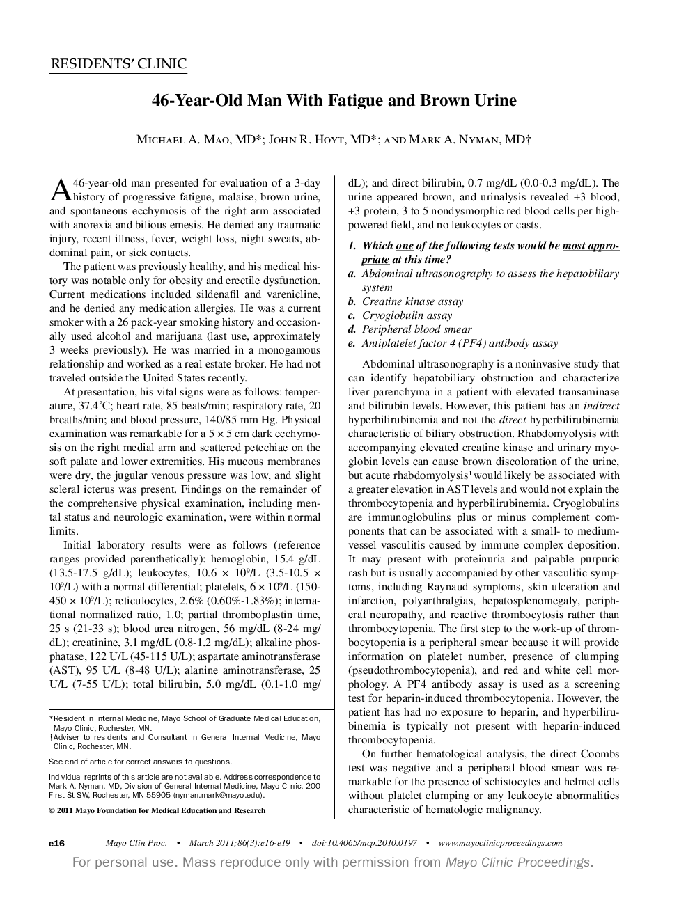 عکس صفحه اول مقاله: 46-Year-Old Man With Fatigue and Brown Urine 46-Year-Old Man With Fatigue and Brown Urine