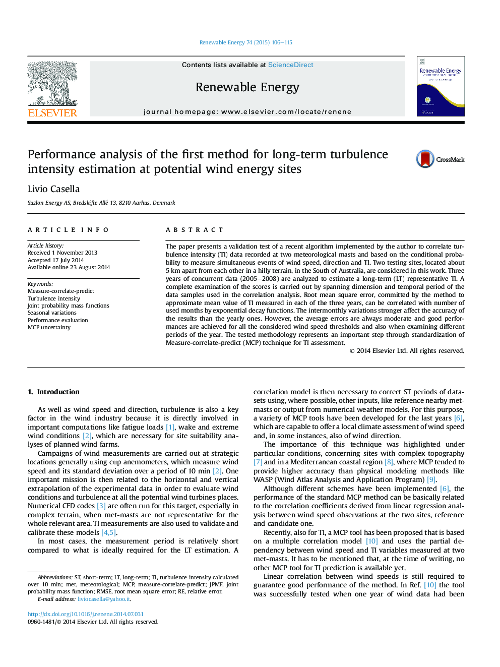 Performance analysis of the first method for long-term turbulence intensity estimation at potential wind energy sites