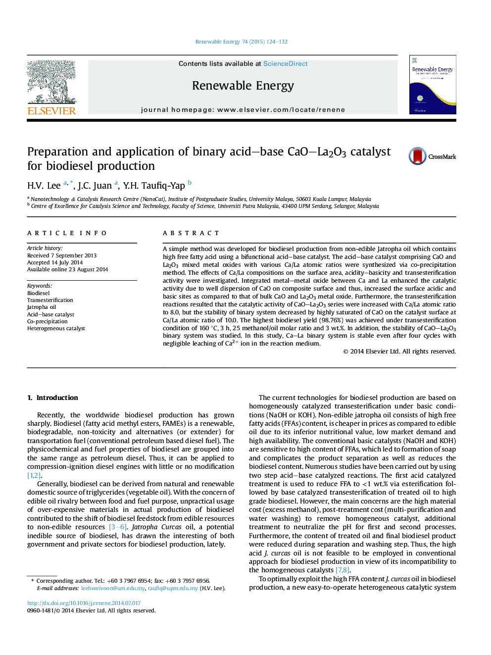 Preparation and application of binary acid–base CaO–La2O3 catalyst for biodiesel production