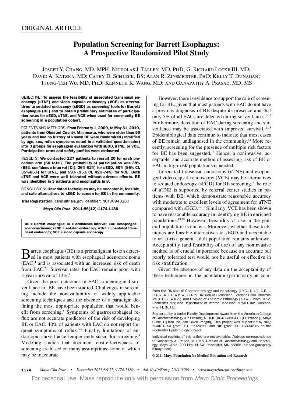 Population Screening for Barrett Esophagus: A Prospective Randomized Pilot Study