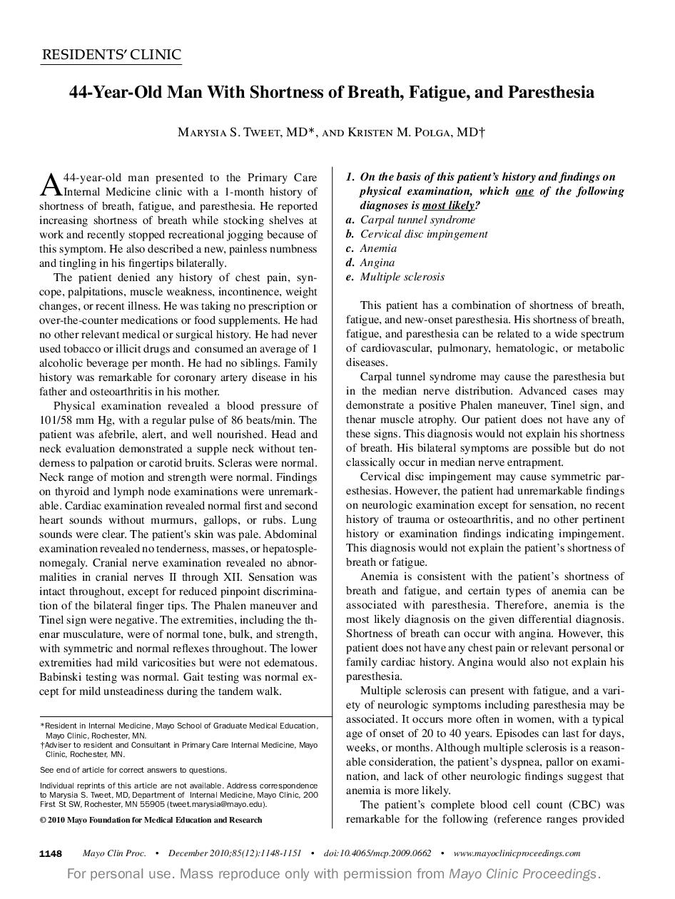 عکس صفحه اول مقاله: 44-Year-Old Man With Shortness of Breath, Fatigue, and Paresthesia 44-Year-Old Man With Shortness of Breath, Fatigue, and Paresthesia