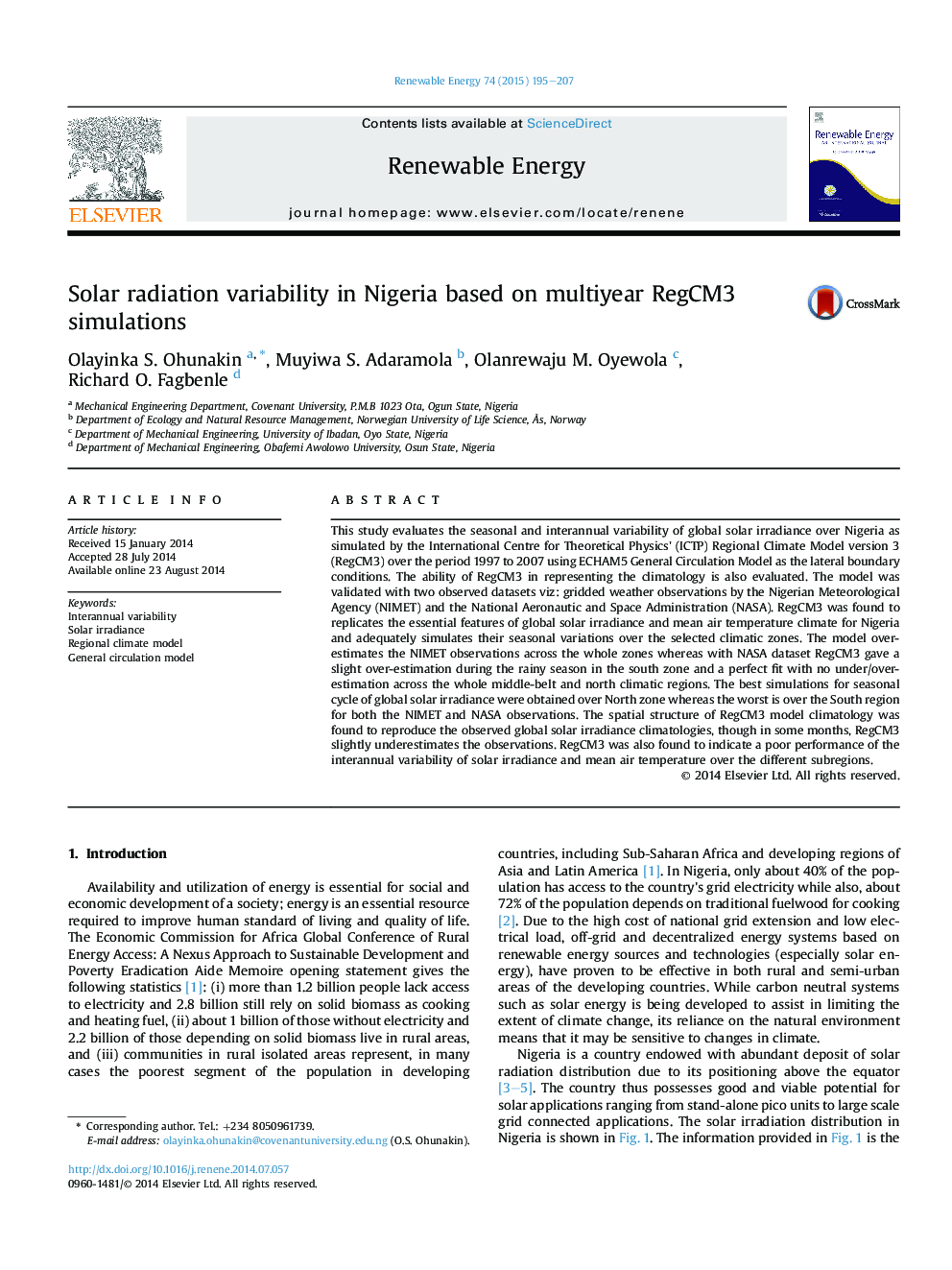 Solar radiation variability in Nigeria based on multiyear RegCM3 simulations