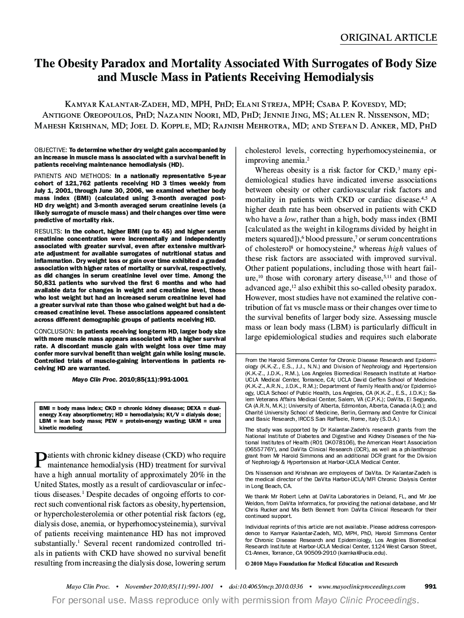 The Obesity Paradox and Mortality Associated With Surrogates of Body Size and Muscle Mass in Patients Receiving Hemodialysis